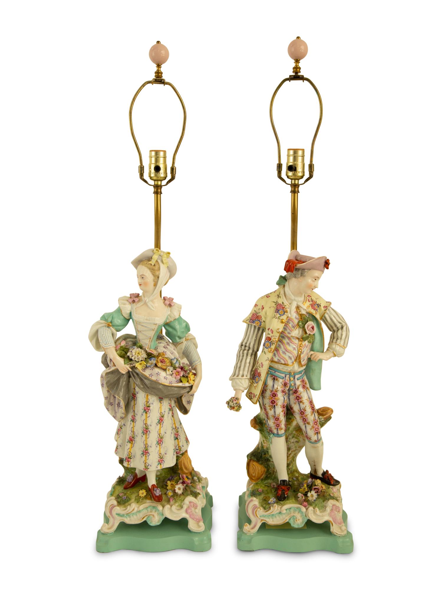 A Pair of Meissen Porcelain Figures Mounted as Table Lamps