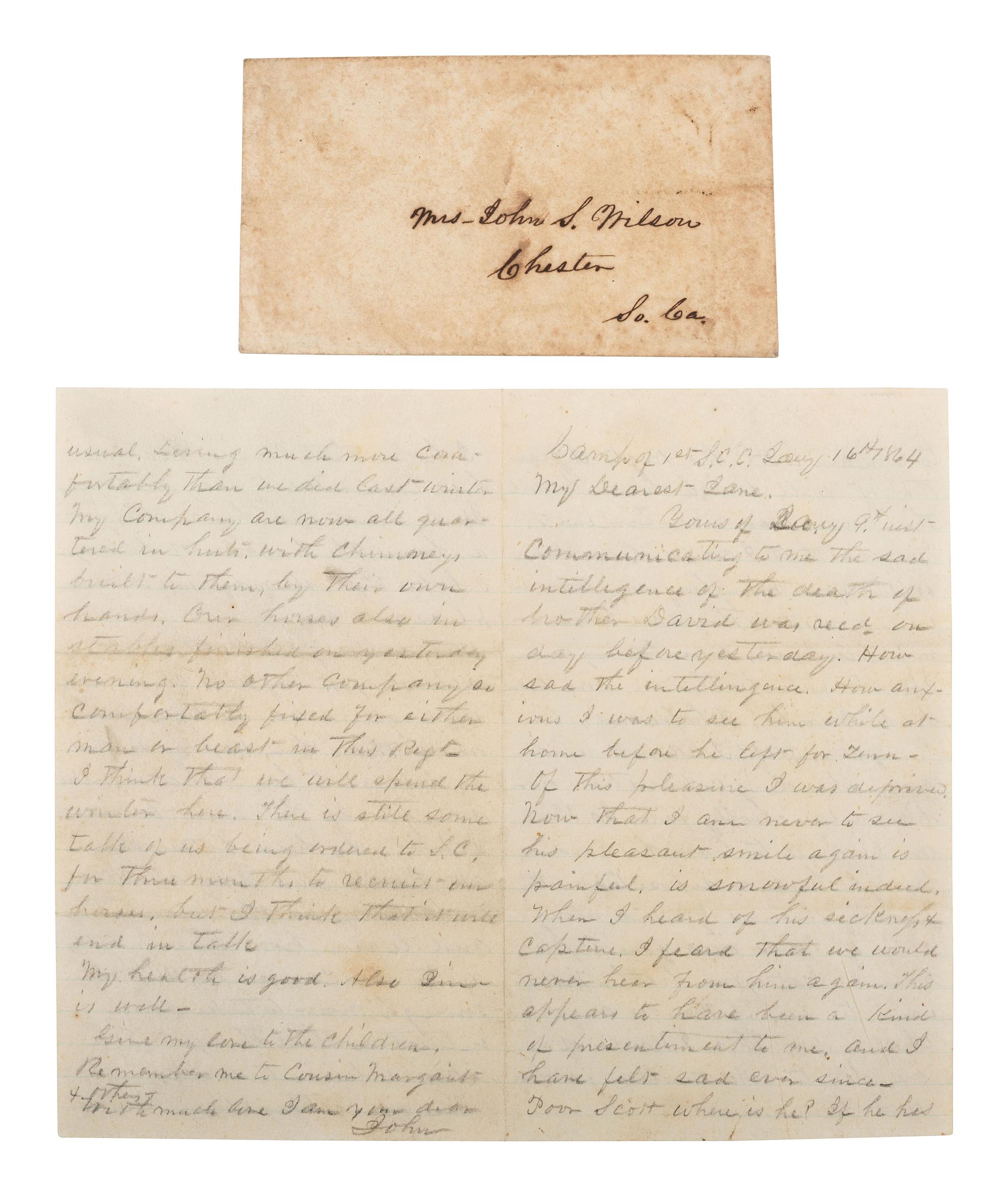 [CIVIL WAR]. Civil War archive of Ordnance Sgt. David H. Wilson (1831-1863), Co. F, 6th South Carolina Infantry, including war-date letters, diary, and photographs.