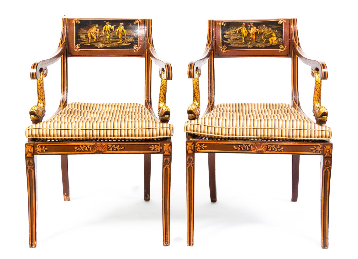 A Pair of Sheraton Style Chinoiserie Lacquered Armchairs, 19TH CENTURY, Height 32 1/2 inches. — 19TH CENTURY,