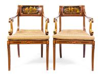 A Pair of Sheraton Style Chinoiserie Lacquered Armchairs, 19TH CENTURY, Height 32 1/2 inches. — 19TH CENTURY,