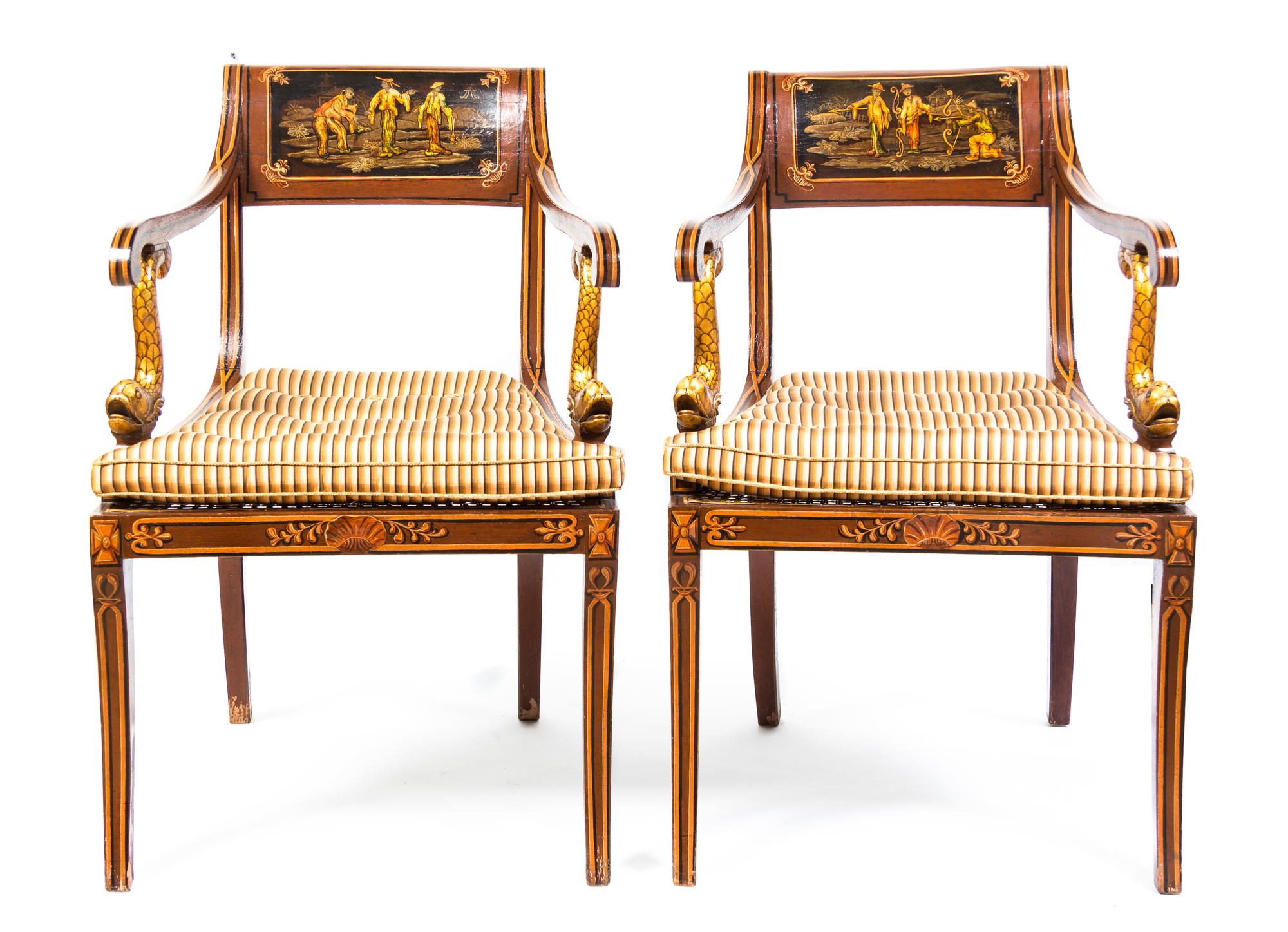 A Pair of Sheraton Style Chinoiserie Lacquered Armchairs, 19TH CENTURY, Height 32 1/2 inches. — 19TH CENTURY,
