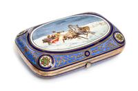 A Russian Enameled Silver Cigarette Case, Michael Ovchinnikov, Moscow, 19th Century, of rectangular form decorated with a troika scene.