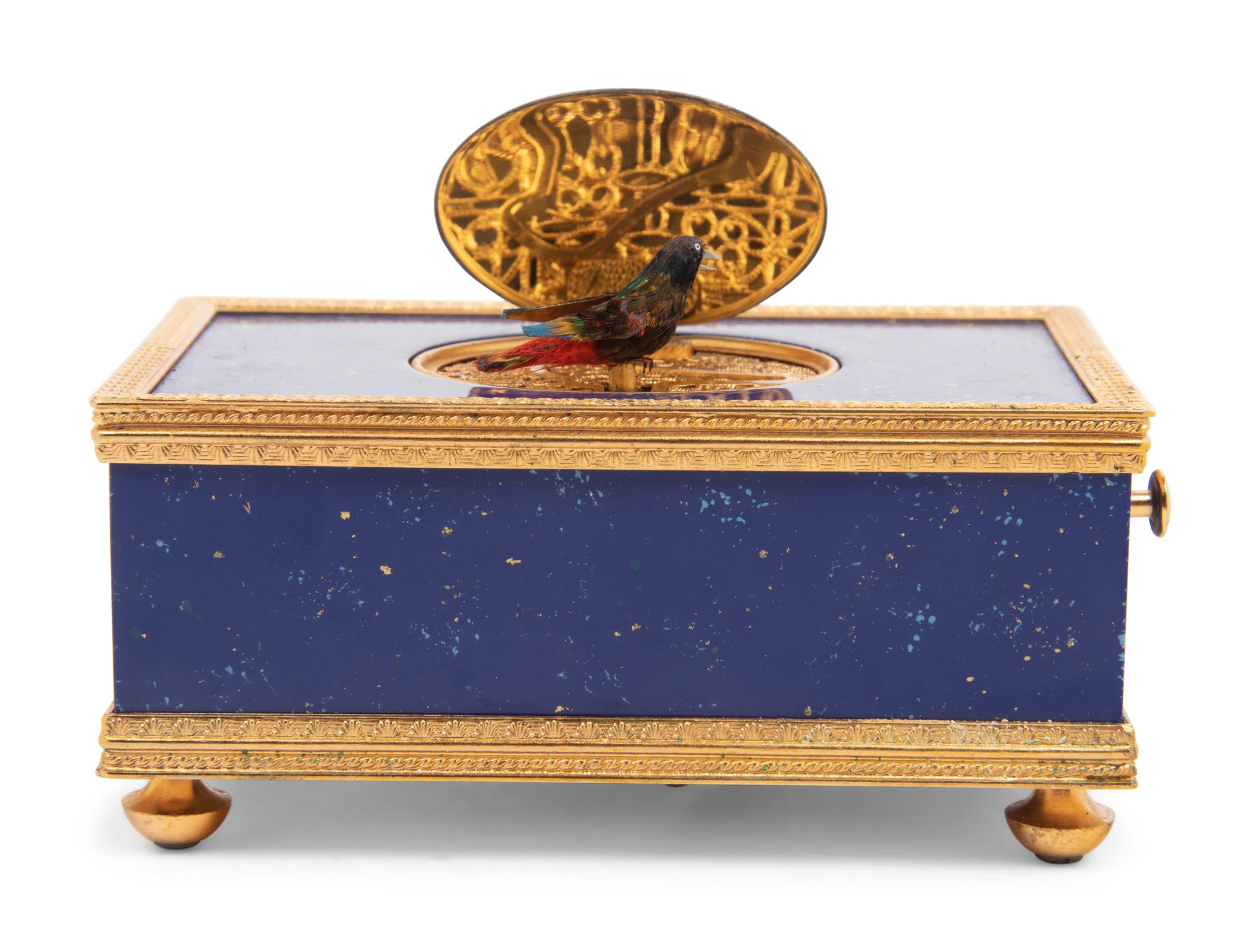 A Swiss Gilt Metal Mounted and Simulated Lapis Lazuli Singing Bird Box