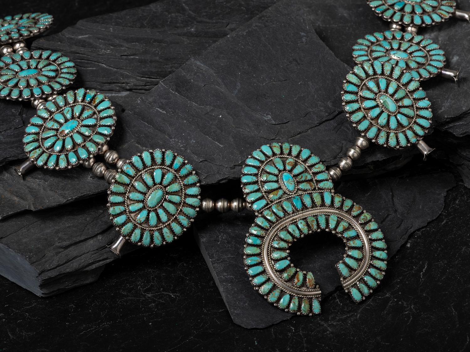 Large Sterling Silver and Turquoise Cluster Squash Blossom Necklace