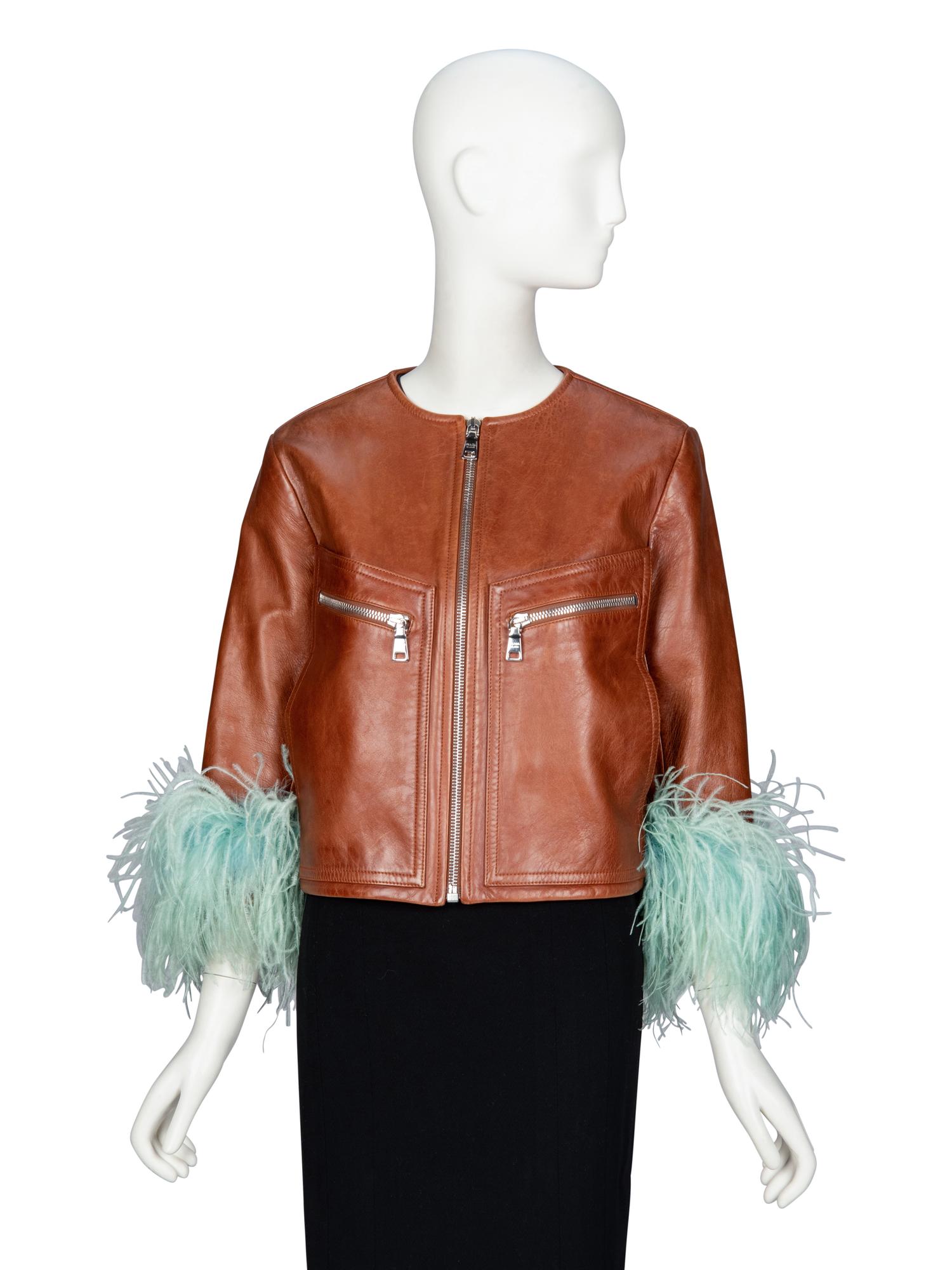 PRADA, FEATHER-TRIM LEATHER JACKET