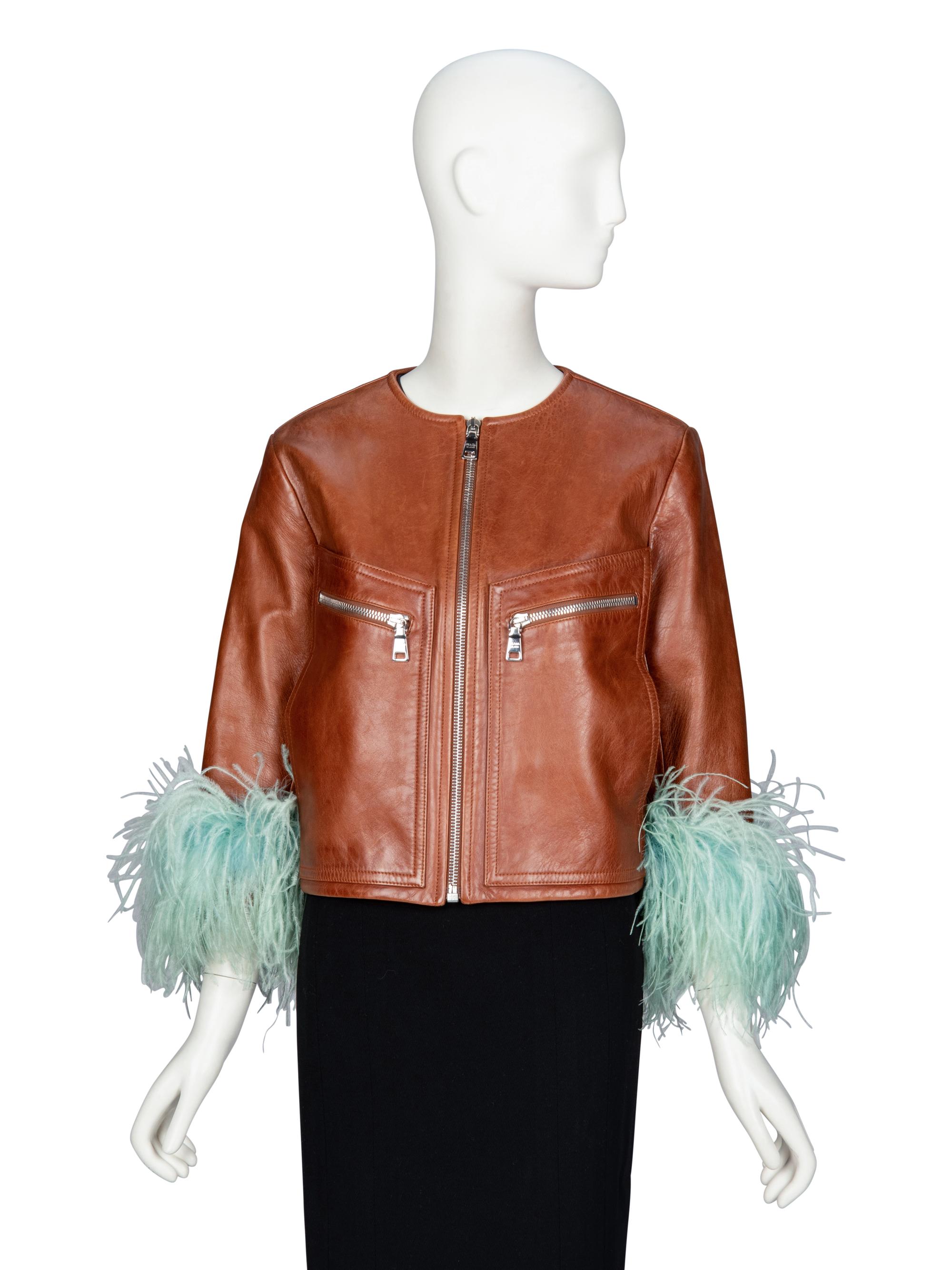 PRADA, FEATHER-TRIM LEATHER JACKET