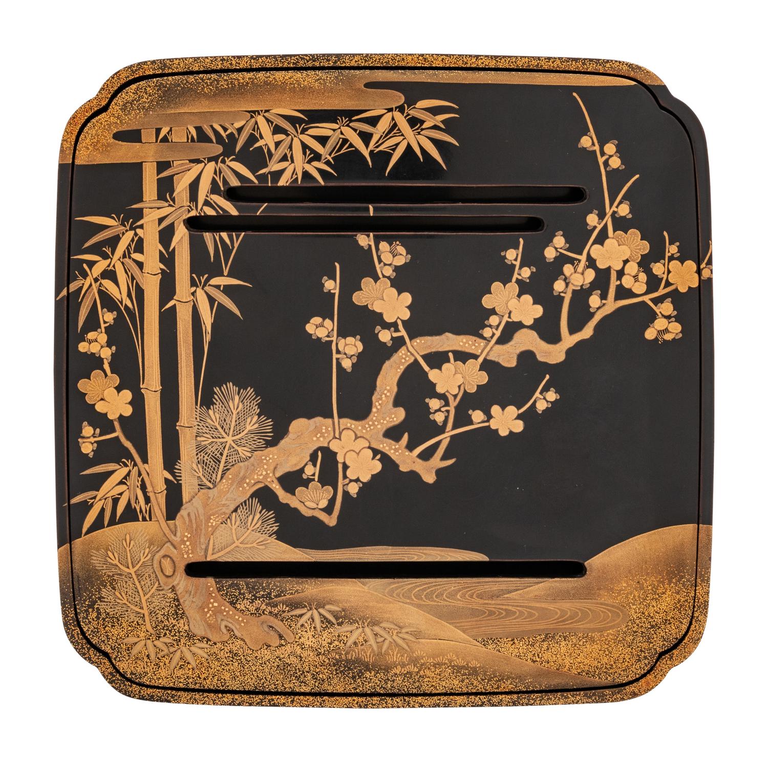 A Japanese Gilt Decorated Black Lacquer Square Stand
