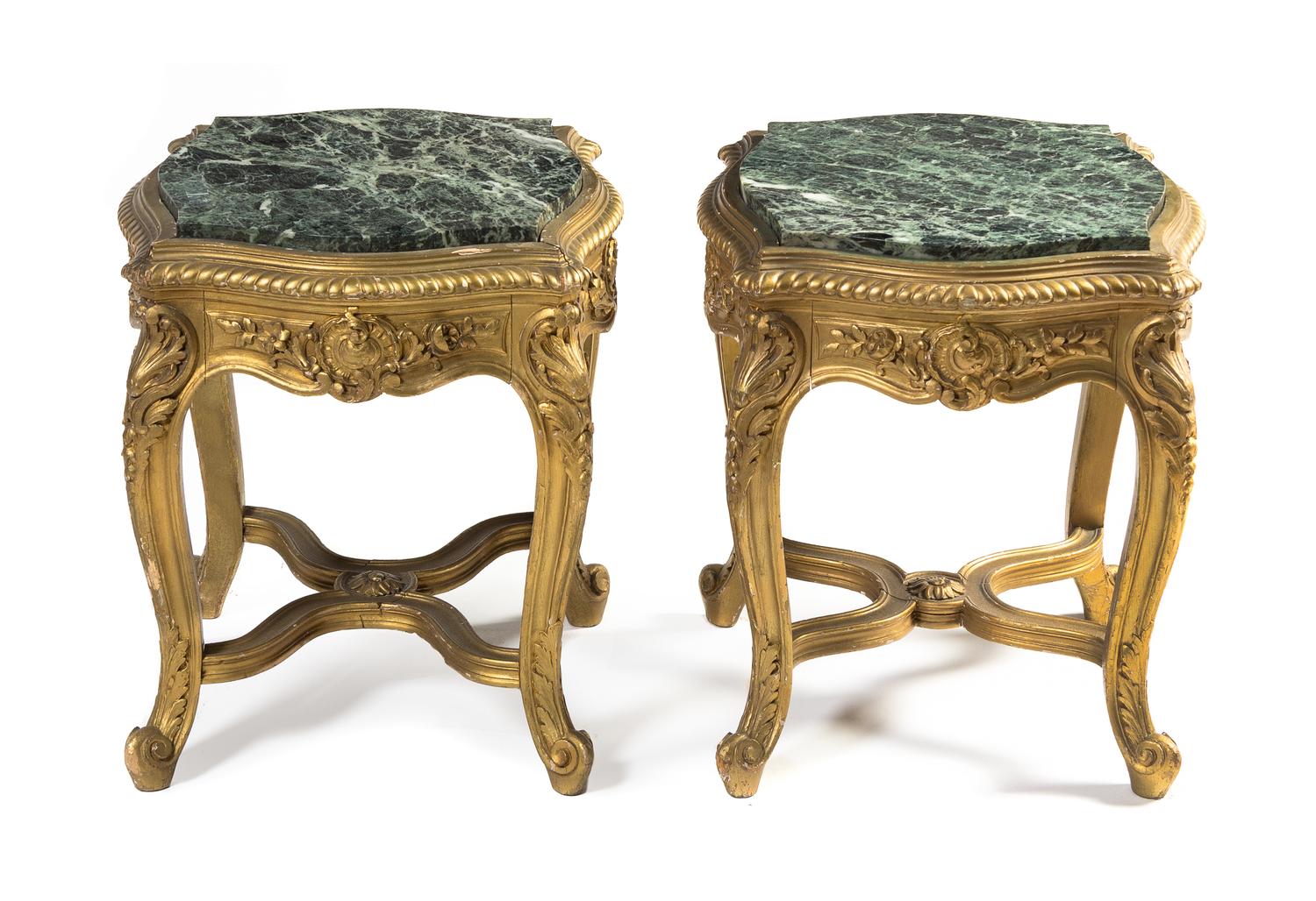 A Pair of Louis XV Style Giltwood Low Pedestals Height 18 1/2 x width 16 x depth 16 inches. — LATE 19TH CENTURY