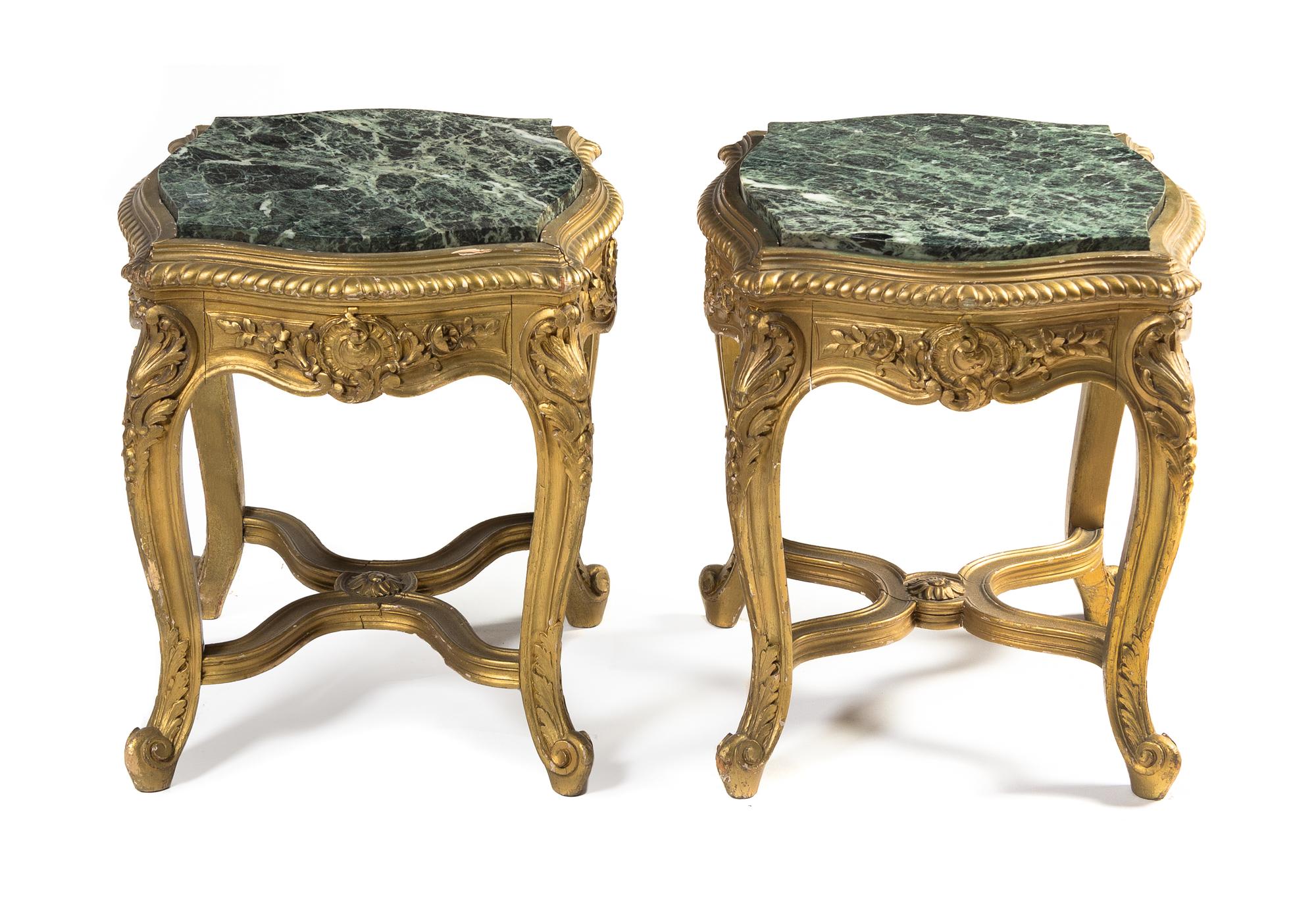 A Pair of Louis XV Style Giltwood Low Pedestals Height 18 1/2 x width 16 x depth 16 inches. — LATE 19TH CENTURY