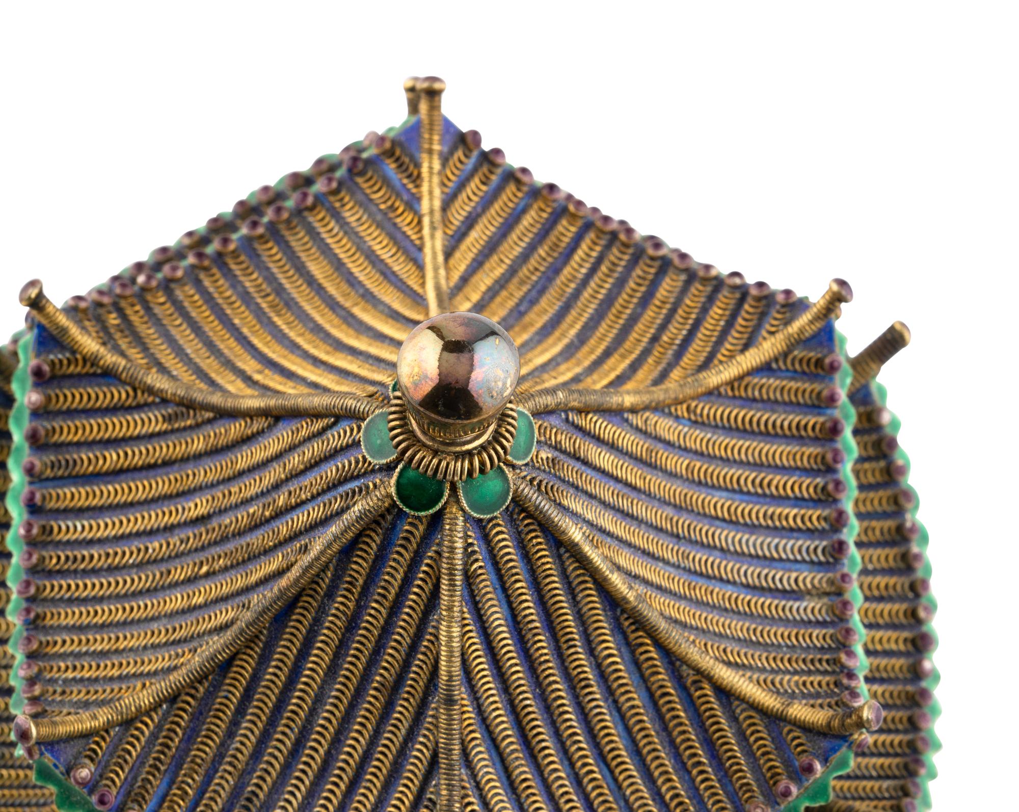 A Chinese Enameled and Hardstone Pagoda-Form Box