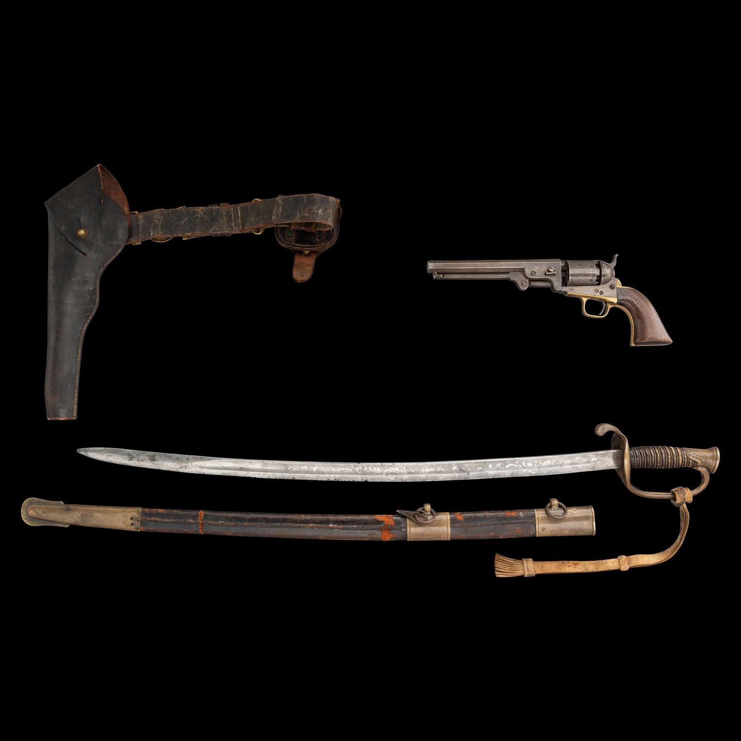 Archive of a Confederate Mobile-Made Etched Blade Staff & Field Officers Sword, Leech & Rigdon Two-Piece Belt Plate and Belt, Colt Navy and Holster likely of Capt. (Lt. Col.) R.H Shotwell
