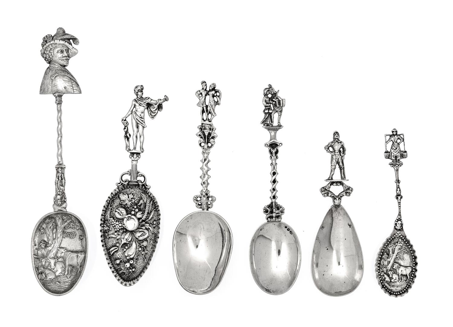 A Group of Six Continental Silver Serving Spoons, Various Makers, each having figural terminal.