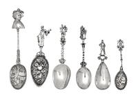 A Group of Six Continental Silver Serving Spoons, Various Makers, each having figural terminal.