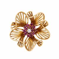 Tiffany & Co., Ruby, Diamond, and Yellow Gold Flower Brooch