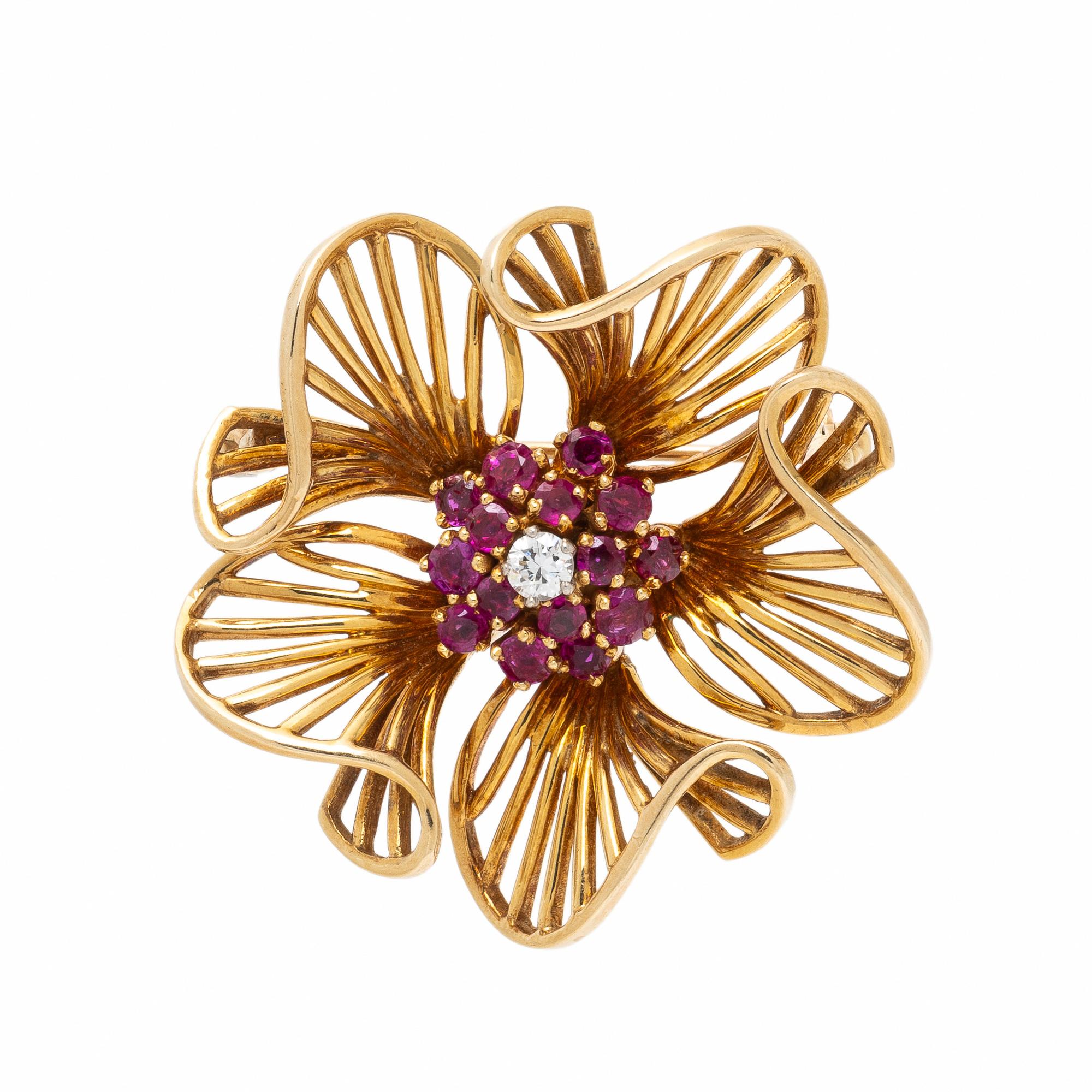 Tiffany & Co., Ruby, Diamond, and Yellow Gold Flower Brooch