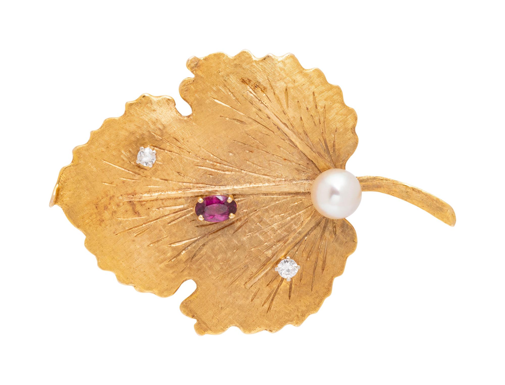 A Yellow Gold, Diamond, Cultured Pearl and Gemstone Leaf Brooch,