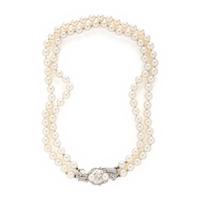 DOUBLE STRAND CULTURED PEARL AND DIAMOND NECKLACE