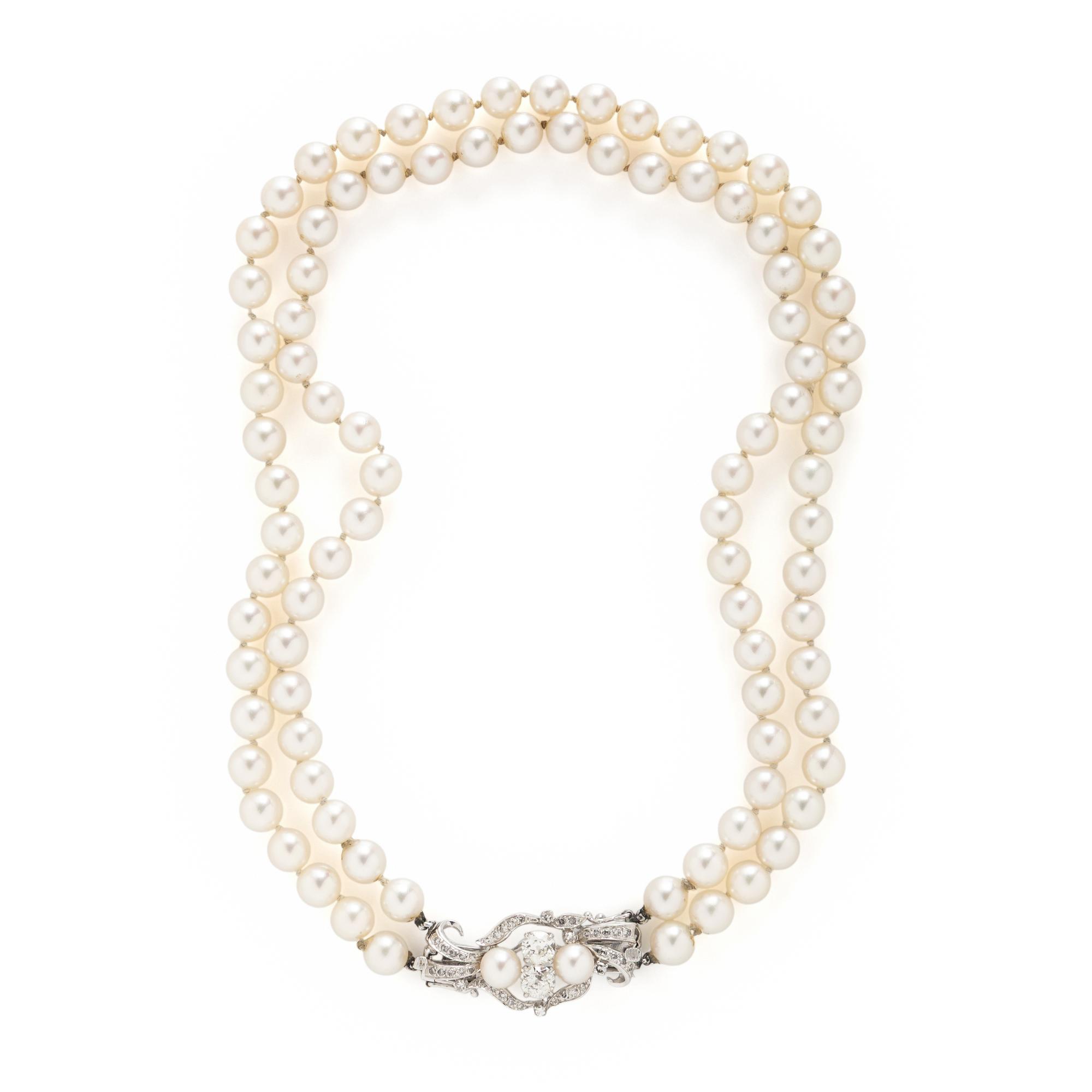 DOUBLE STRAND CULTURED PEARL AND DIAMOND NECKLACE
