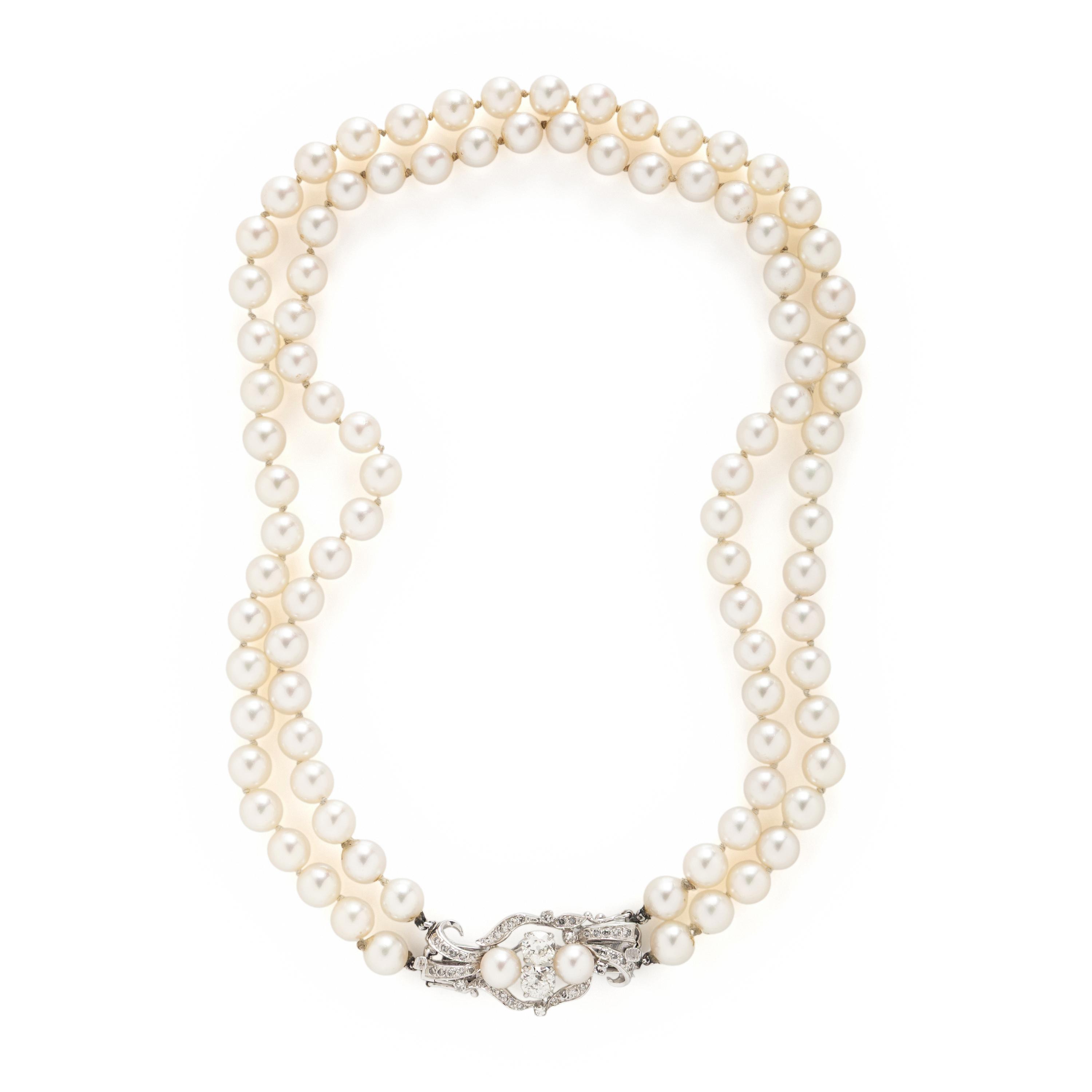 DOUBLE STRAND CULTURED PEARL AND DIAMOND NECKLACE