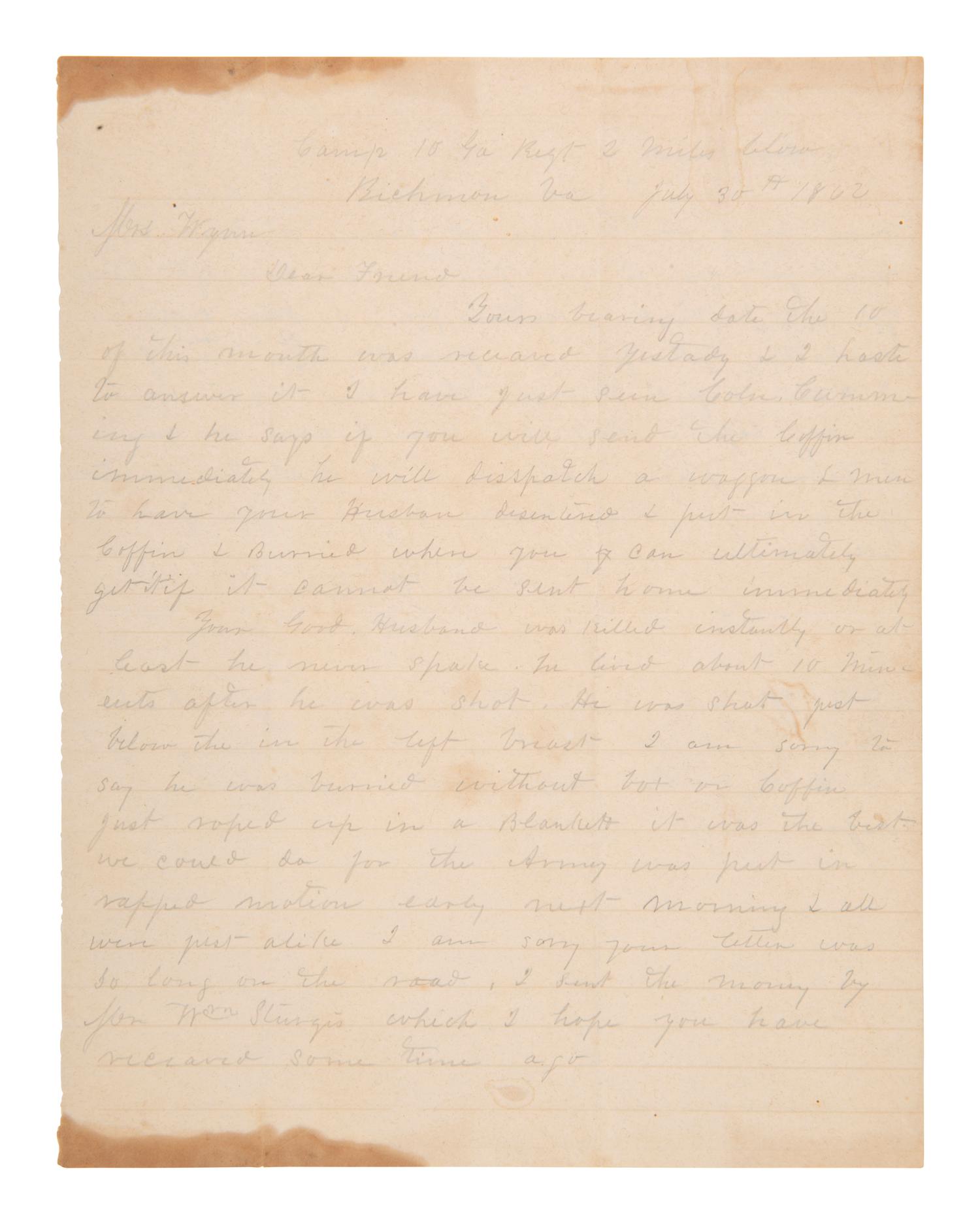 [CIVIL WAR]. Letter to wife of CSA soldier "kiled by northern foe," about his death & field burial.