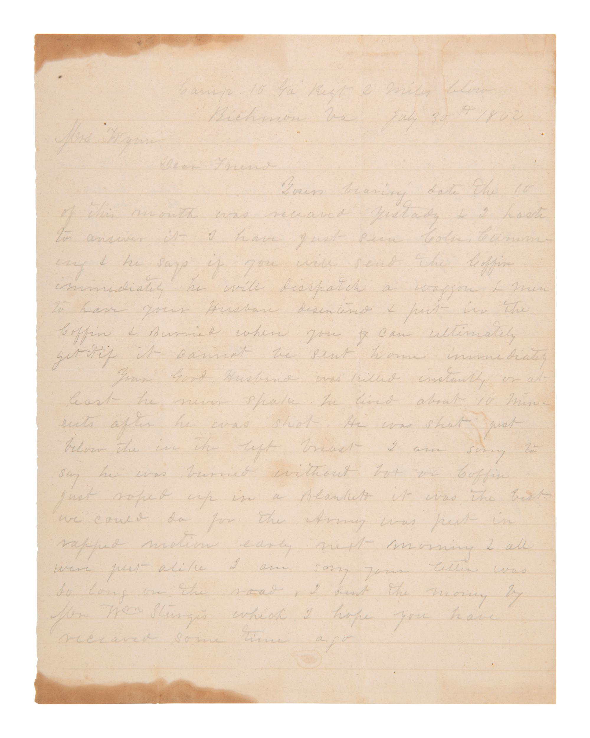 [CIVIL WAR]. Letter to wife of CSA soldier "kiled by northern foe," about his death & field burial.