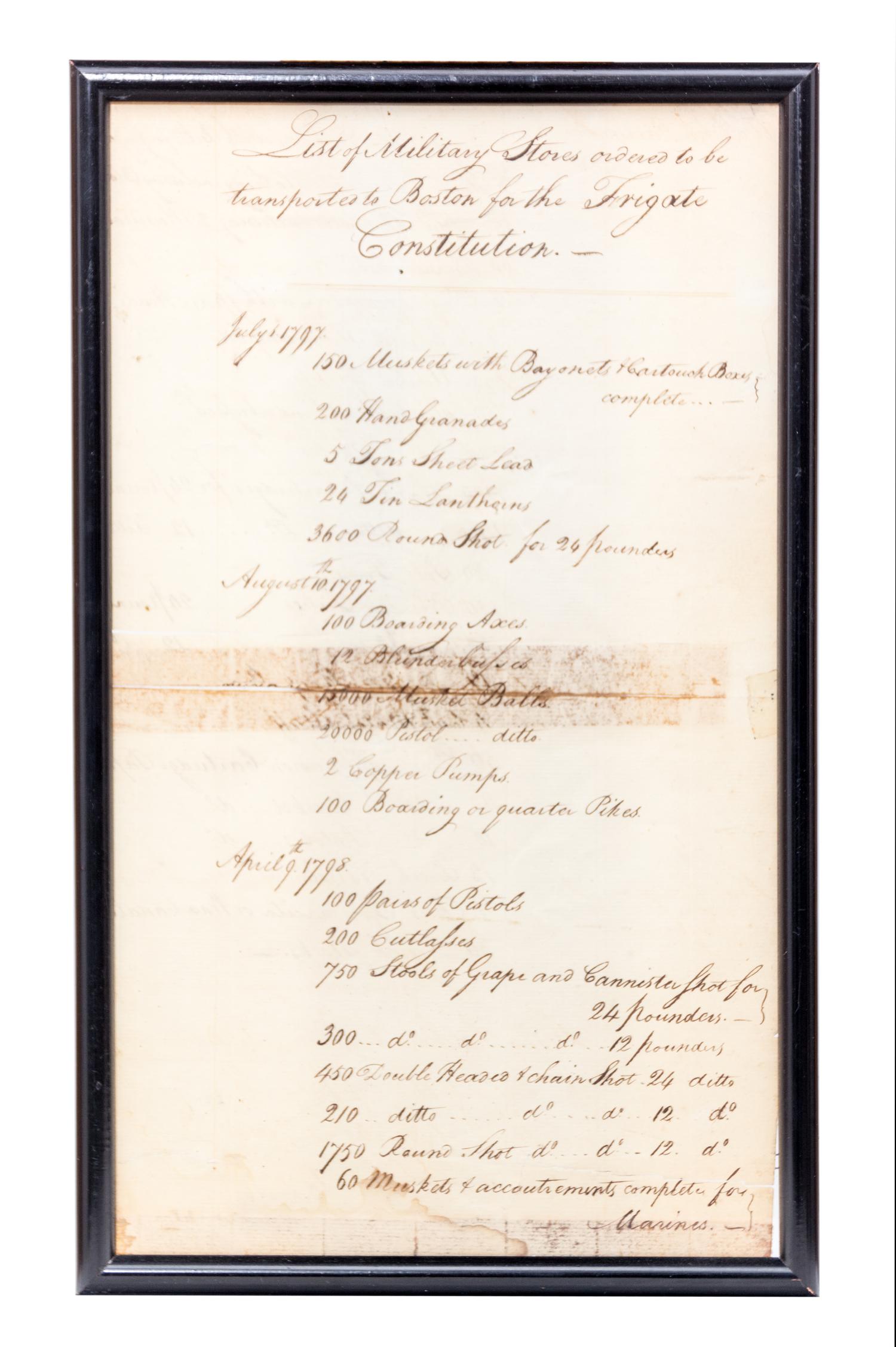 18th Century Naval Document Mss doc, list of supplies to be transported to Boston for the frigate Constitution, July 1, 1797.