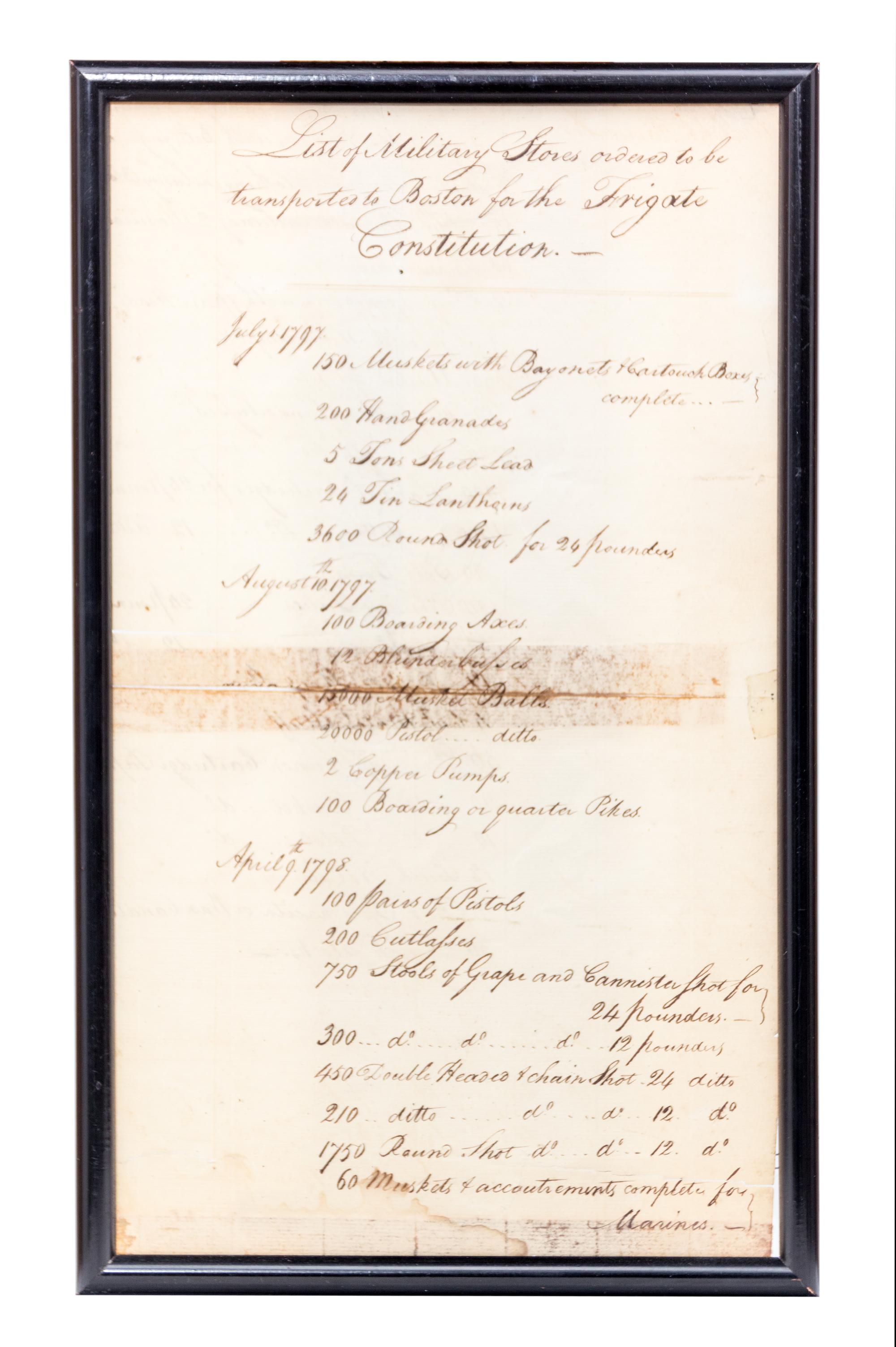 18th Century Naval Document Mss doc, list of supplies to be transported to Boston for the frigate Constitution, July 1, 1797.