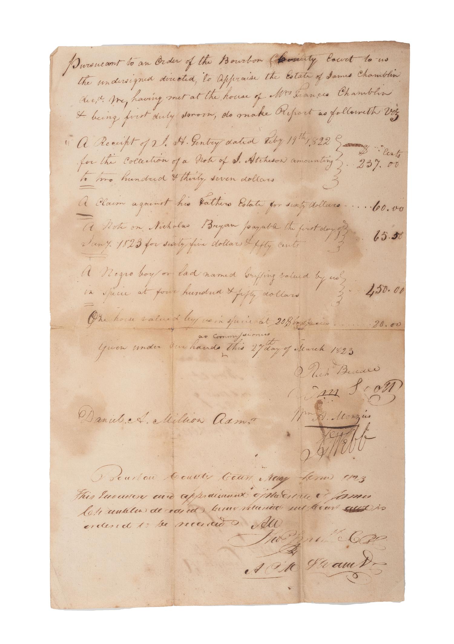 [SLAVERY & ABOLITION]. A group of 9 documents related to the enslavement of individuals in Bourbon County, Kentucky, incl. estate appraisement of a horse breeder who enslaved six people.