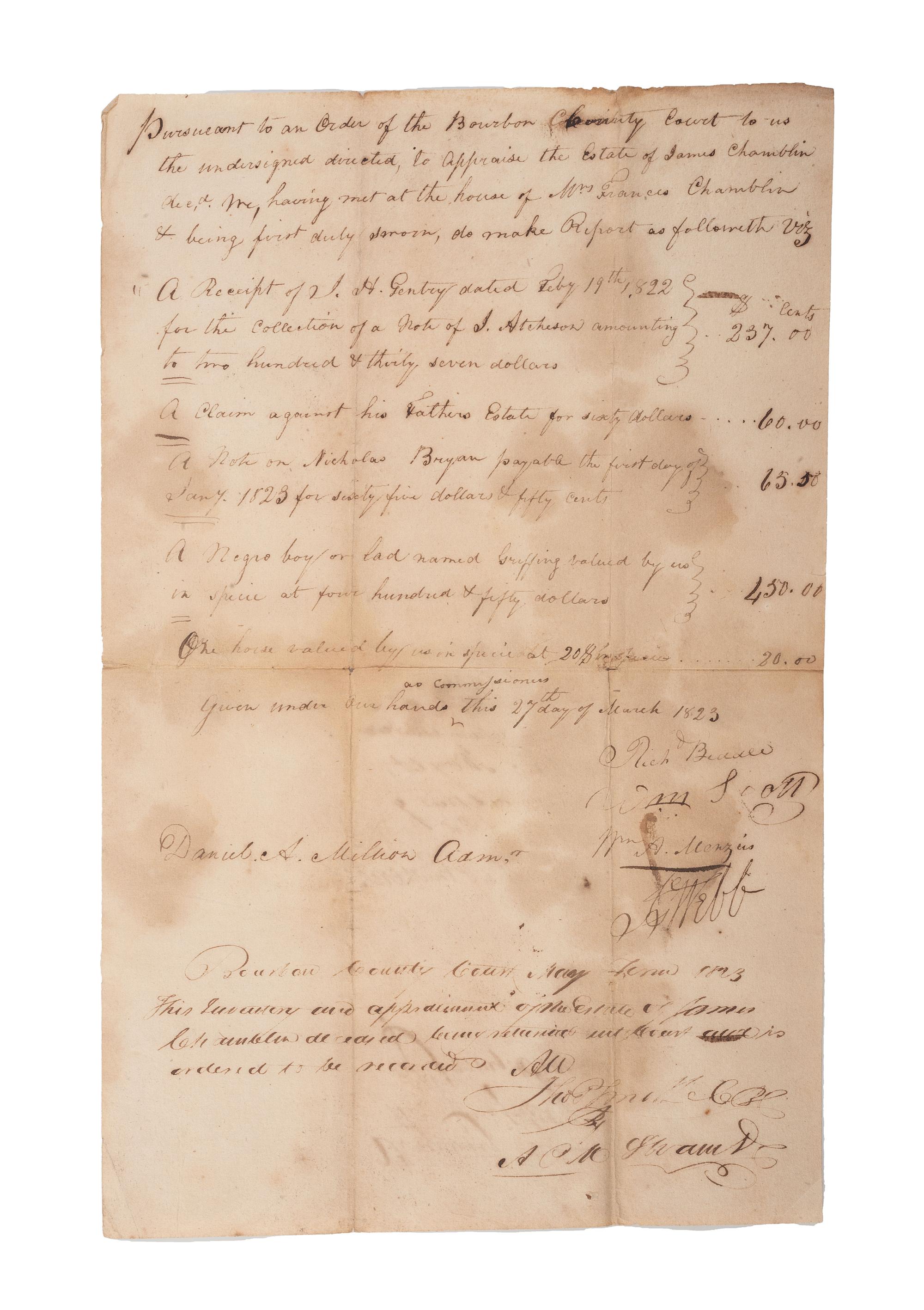 [SLAVERY & ABOLITION]. A group of 9 documents related to the enslavement of individuals in Bourbon County, Kentucky, incl. estate appraisement of a horse breeder who enslaved six people.