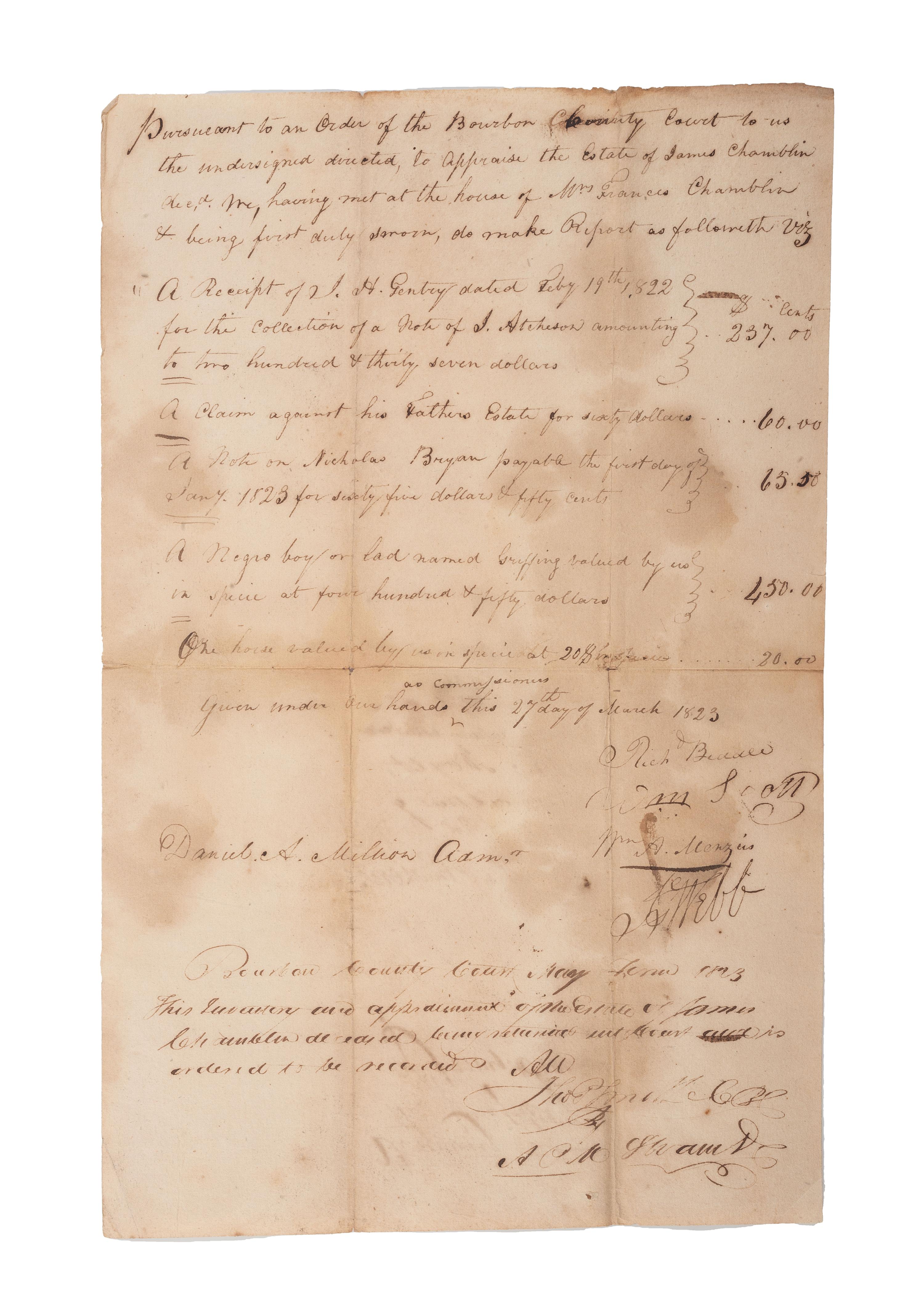 [SLAVERY & ABOLITION]. A group of 9 documents related to the enslavement of individuals in Bourbon County, Kentucky, incl. estate appraisement of a horse breeder who enslaved six people.