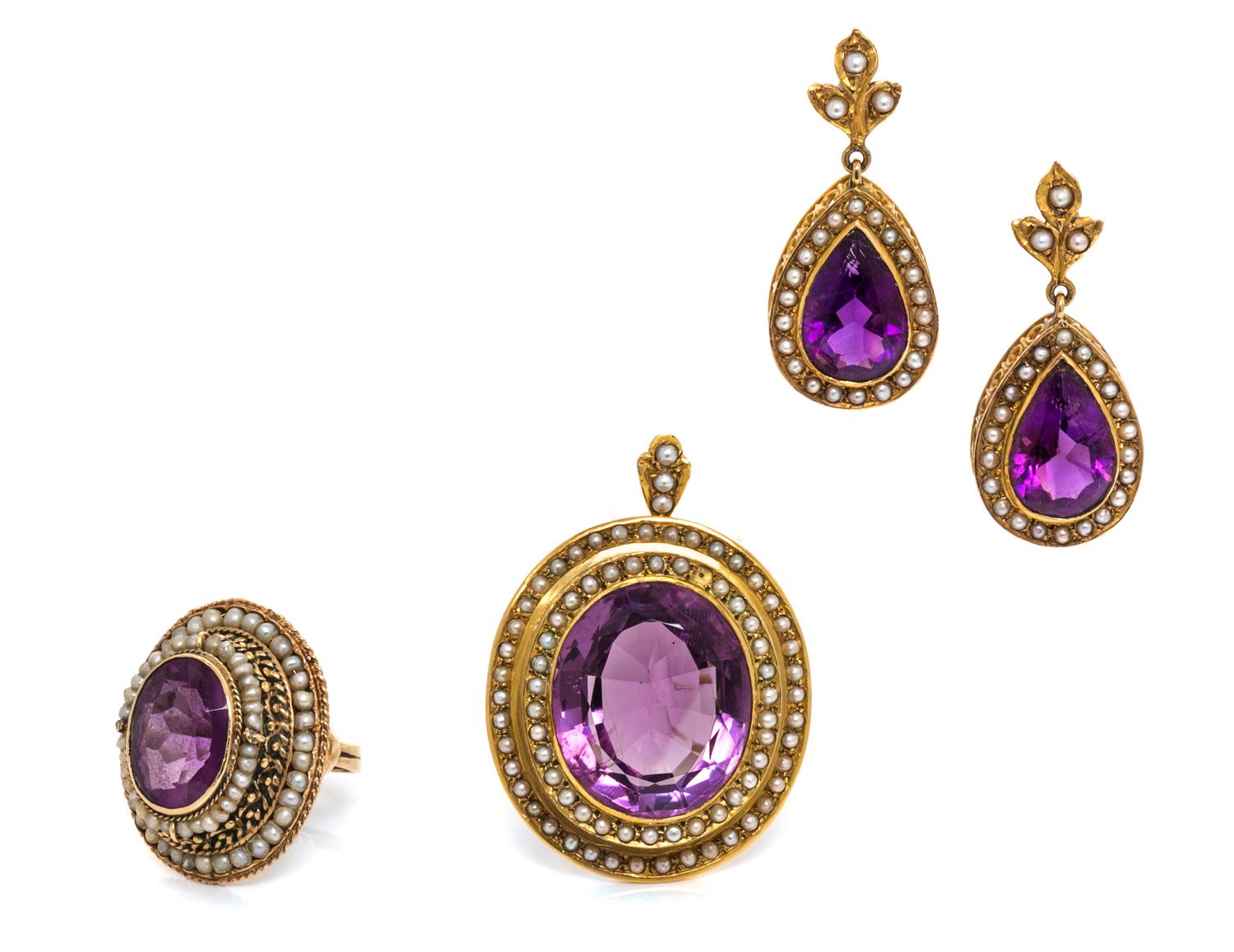 A Collection of Yellow Gold, Amethyst and Seed Pearl Jewelry, 29.40 dwts.