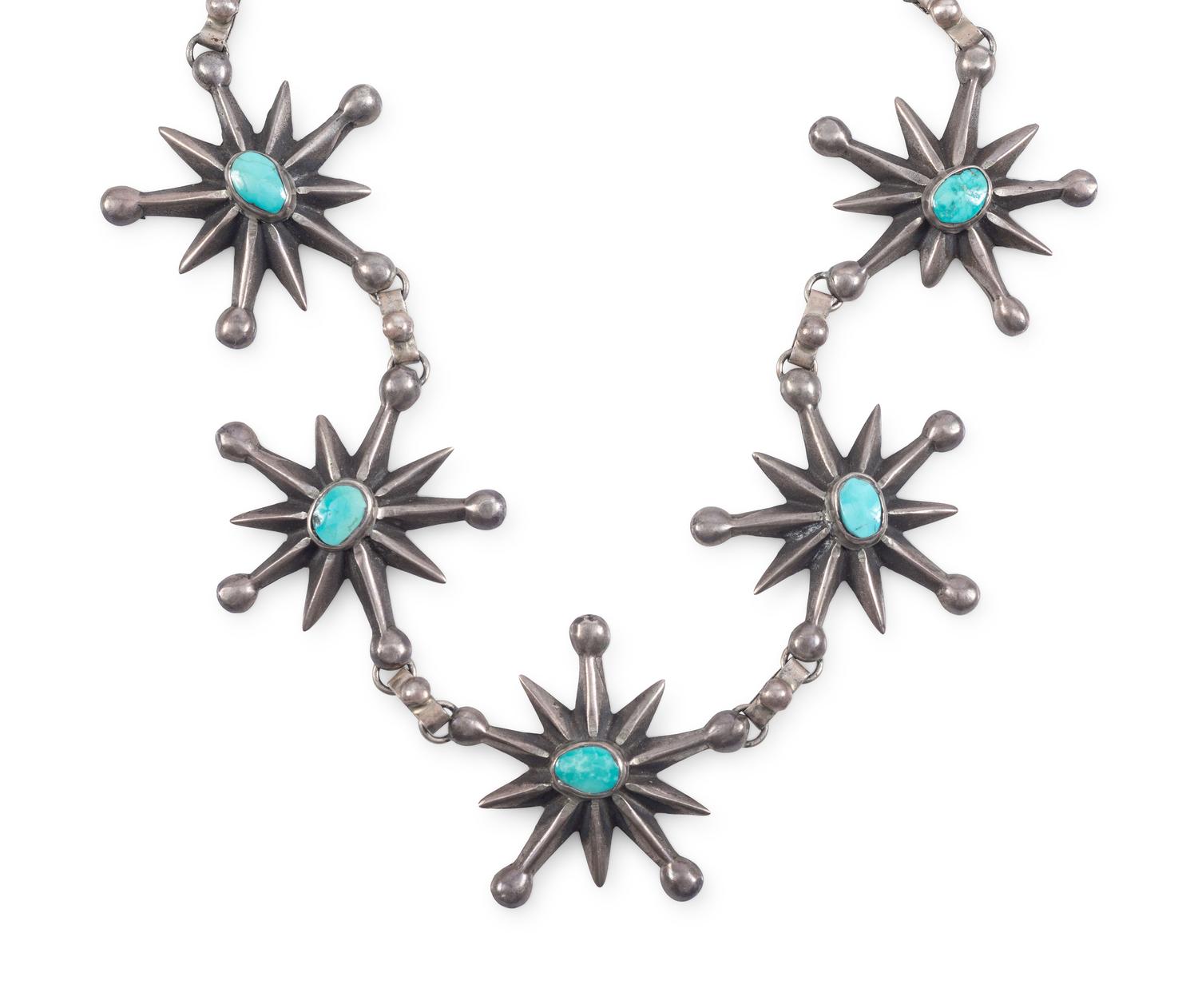 Navajo Sandcast Silver and Turquoise Star Necklace