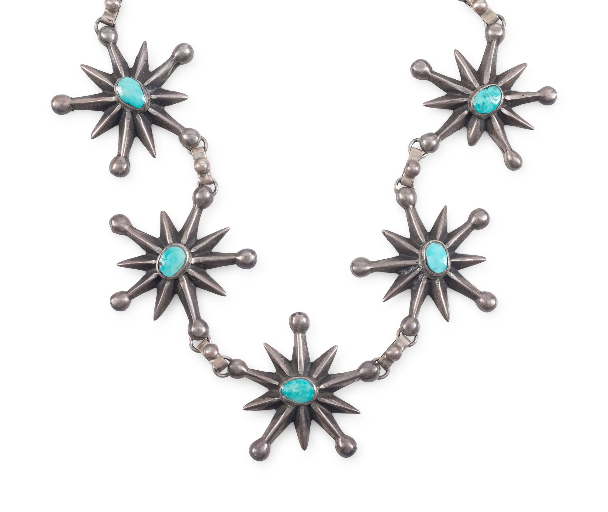 Navajo Sandcast Silver and Turquoise Star Necklace
