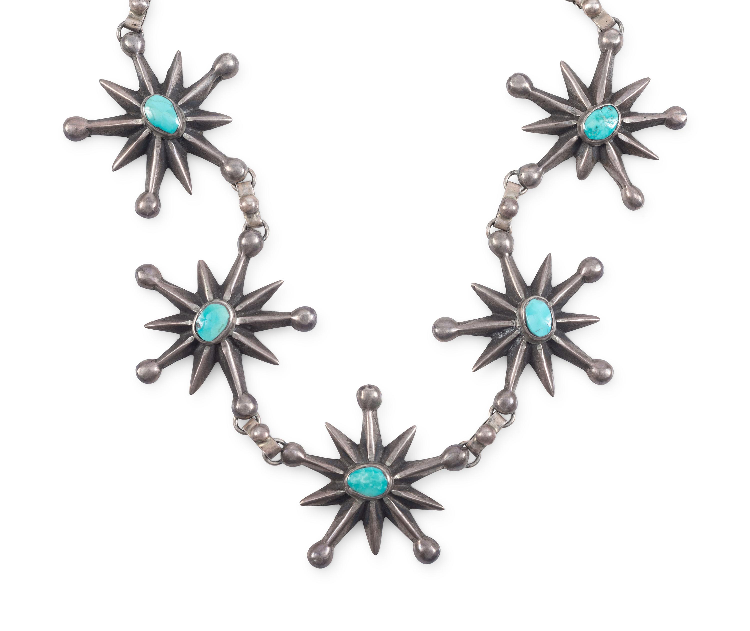 Navajo Sandcast Silver and Turquoise Star Necklace