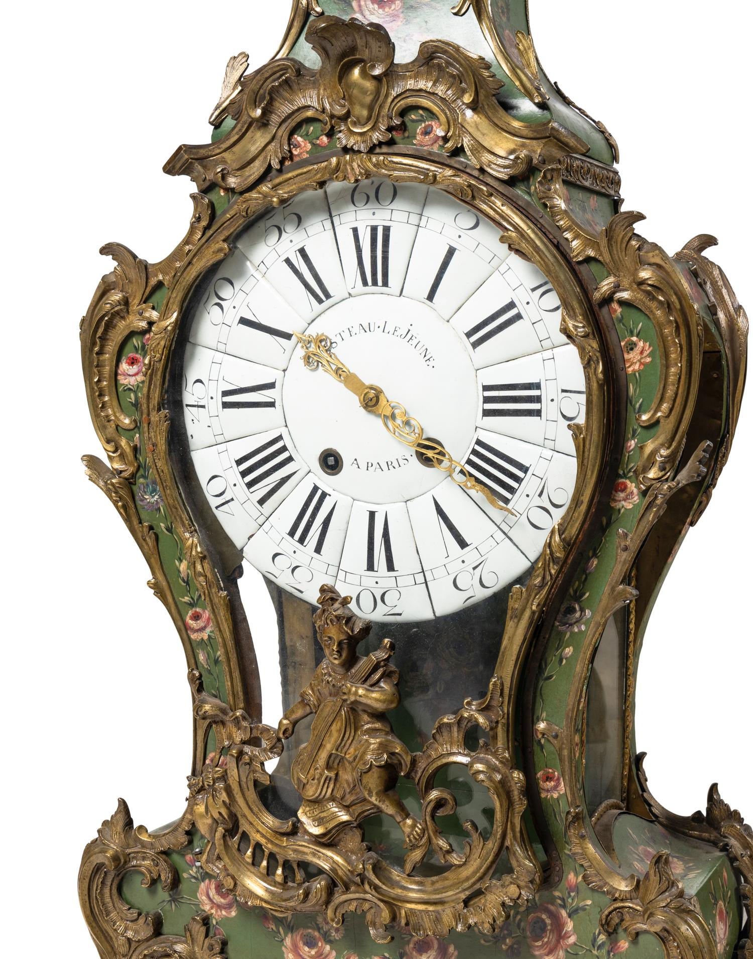 A Louis XV Gilt Bronze Mounted Painted Clock and Bracket