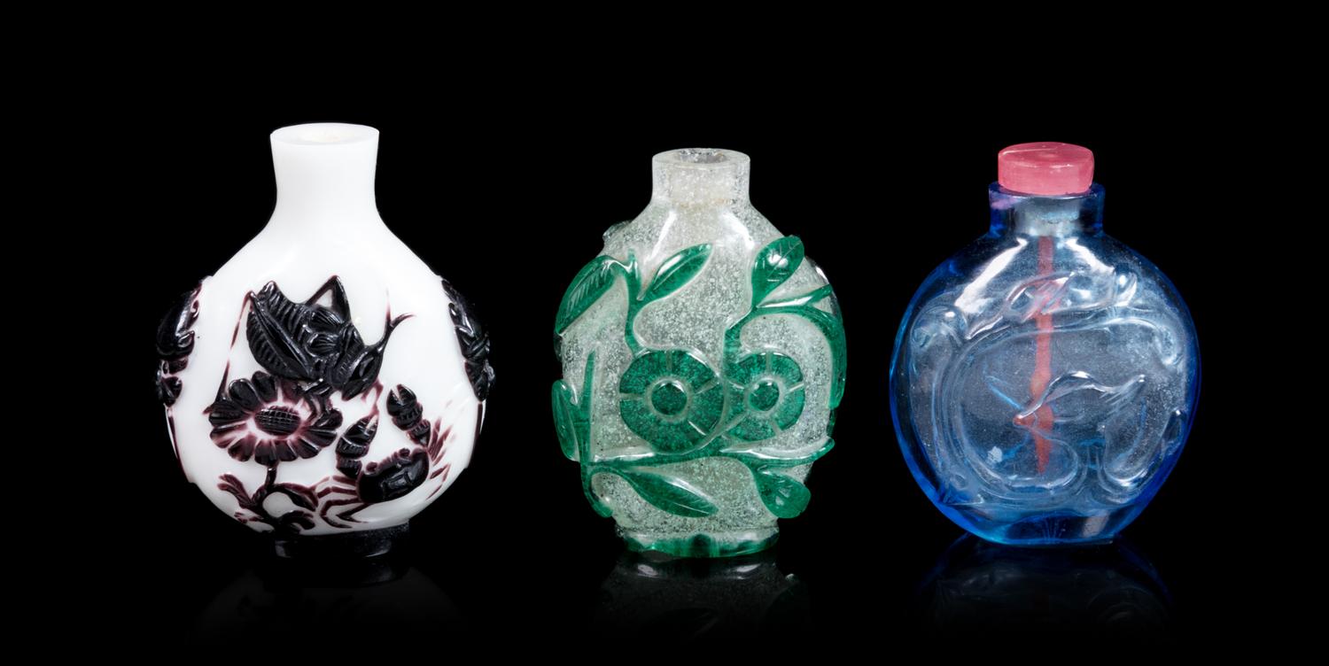 Five Chinese Peking Glass Snuff Bottles Height of tallest 2 1/2 inches. — 19TH-20TH CENTURY