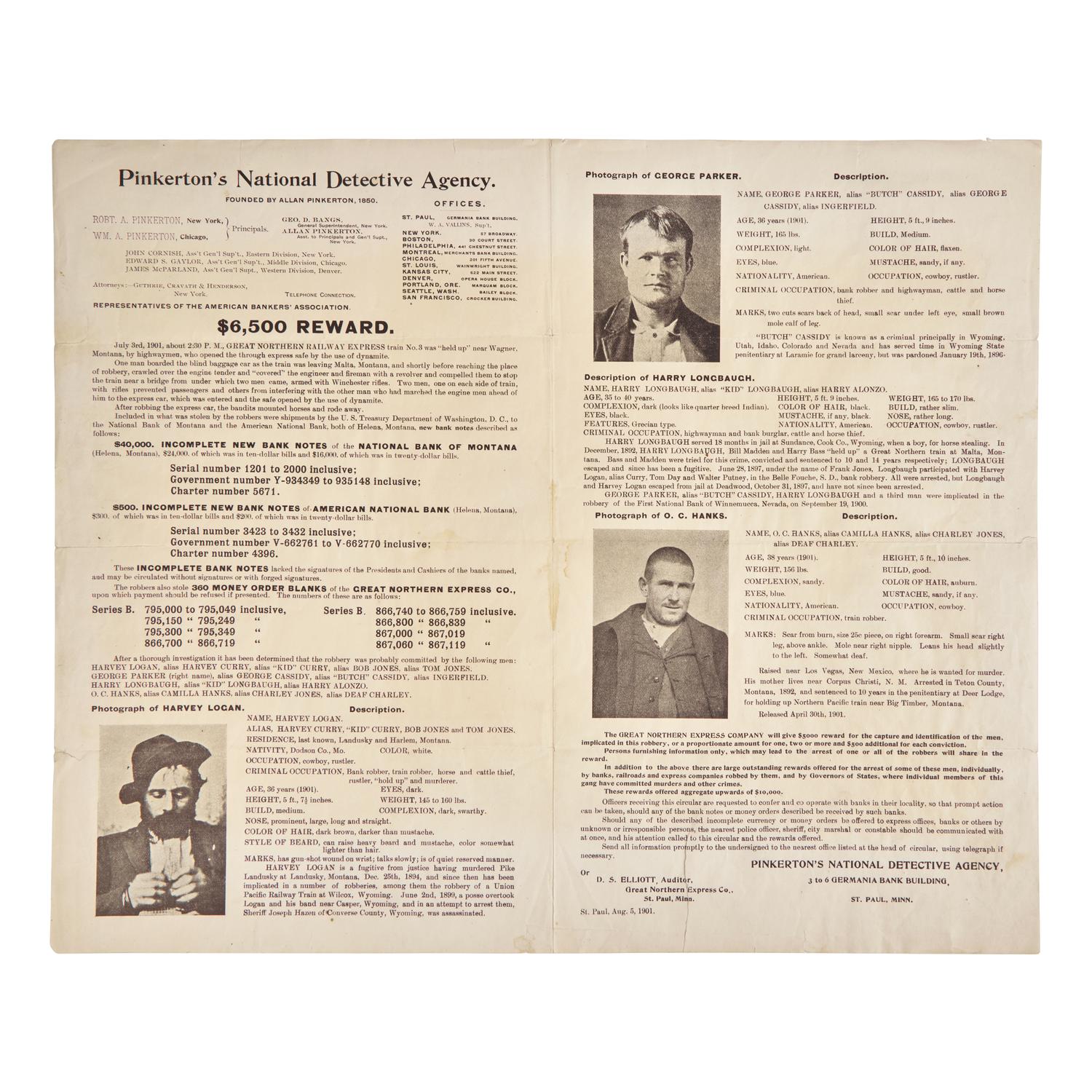 [Wild West] Cassidy, Butch, and the Sundance Kid. Pinkerton's National Detective Agency Wanted Poster for the Wild Bunch