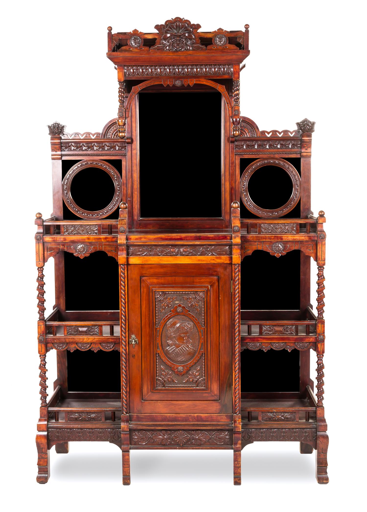 A Renaissance Revival Mahogany Hall Etagere 19TH CENTURY Height 80 x width 50 1/2 x depth 14 1/2 inches. — 19TH CENTURY