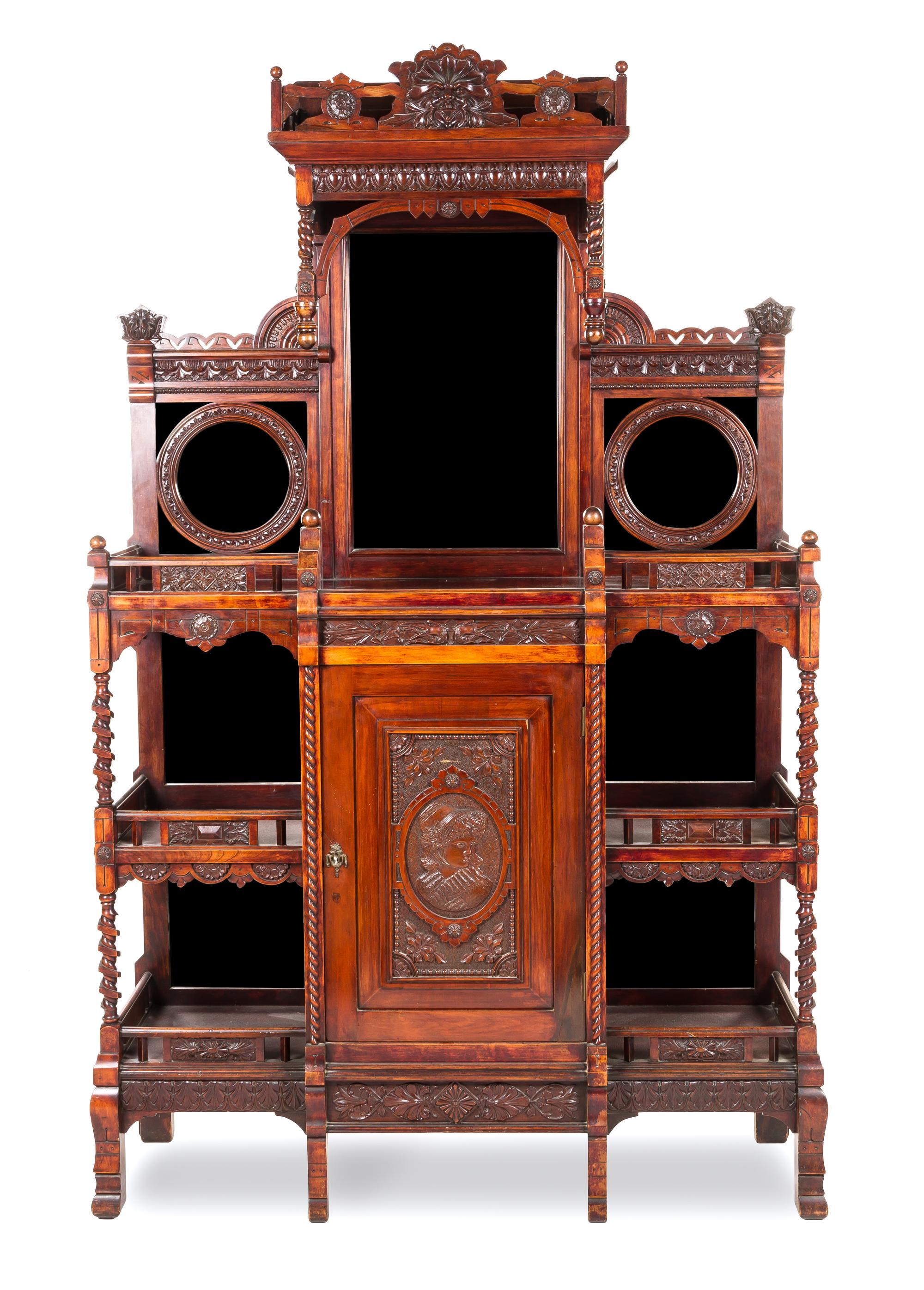 A Renaissance Revival Mahogany Hall Etagere 19TH CENTURY Height 80 x width 50 1/2 x depth 14 1/2 inches. — 19TH CENTURY