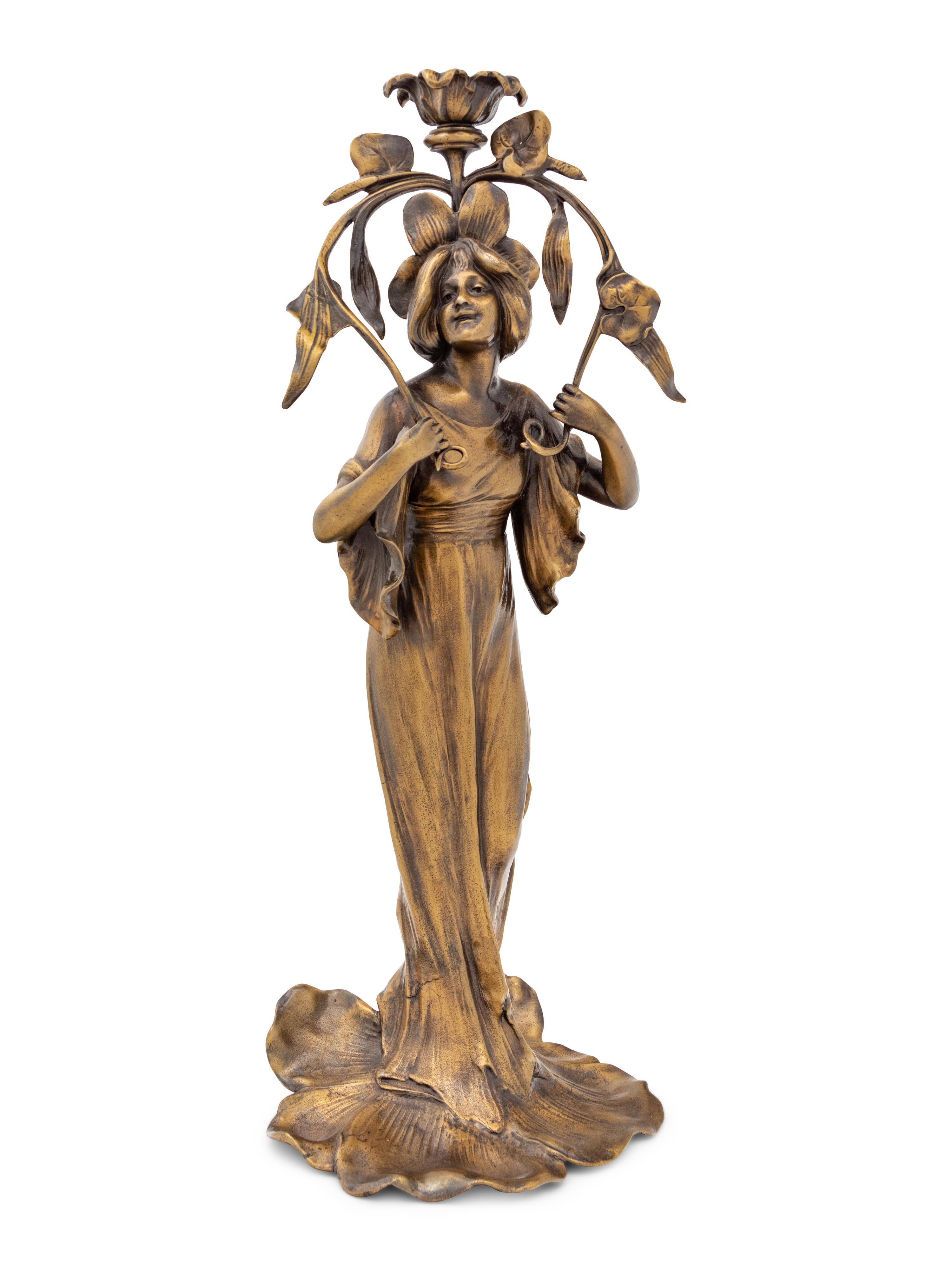 An Art Nouveau Gilt Bronze Figural Candlestick