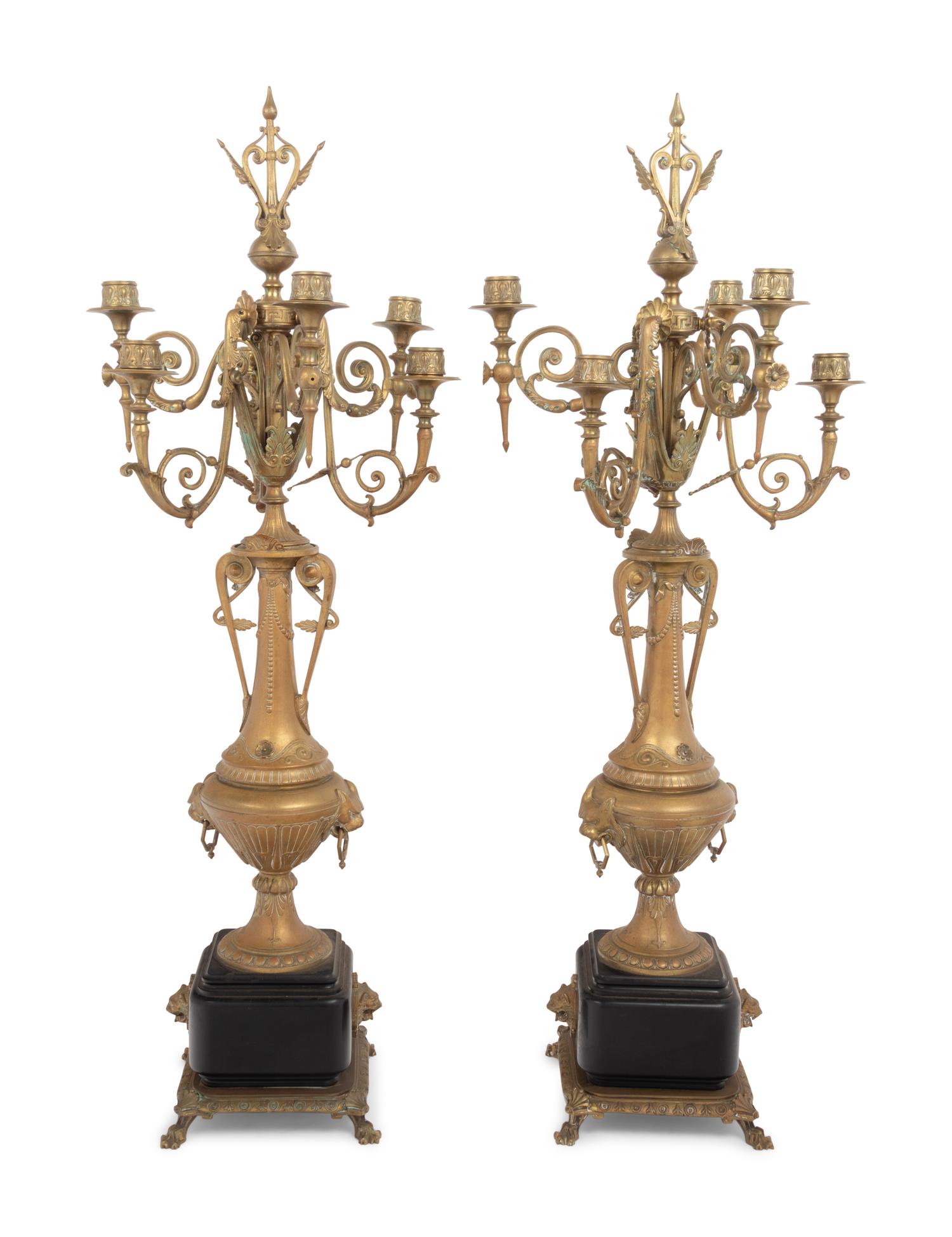 A Pair of French Neoclassical Gilt Metal Six-Light Candelabra