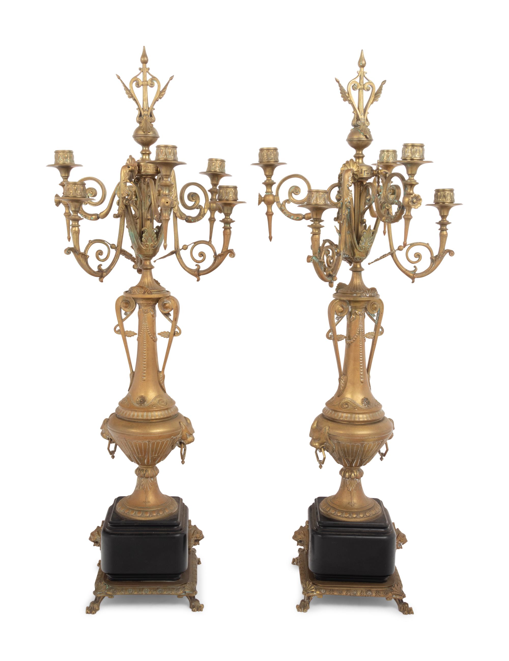 A Pair of French Neoclassical Gilt Metal Six-Light Candelabra