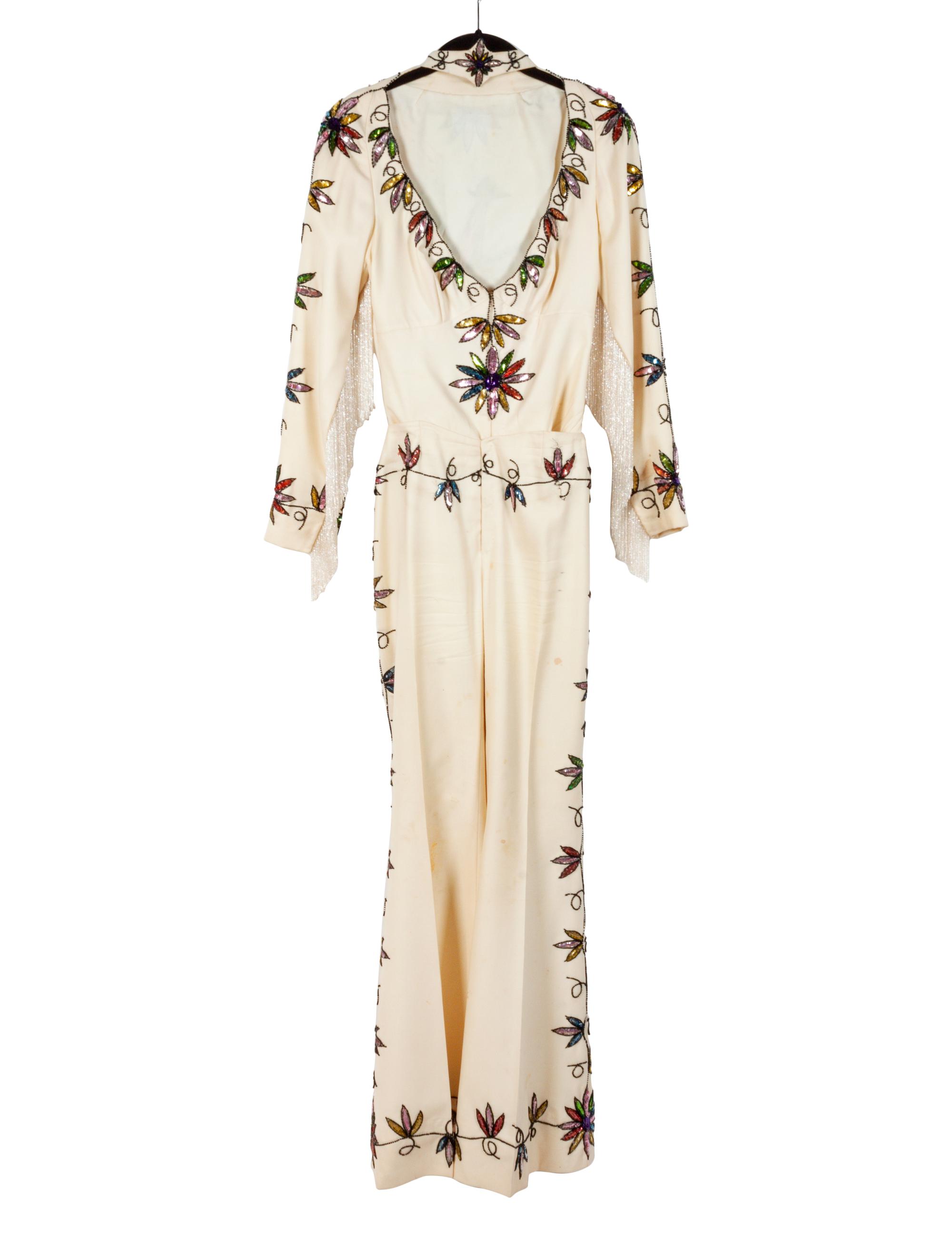 Off-white Women's Nudie-style Suit with Rhinestone and Sequin Floral Embellishments