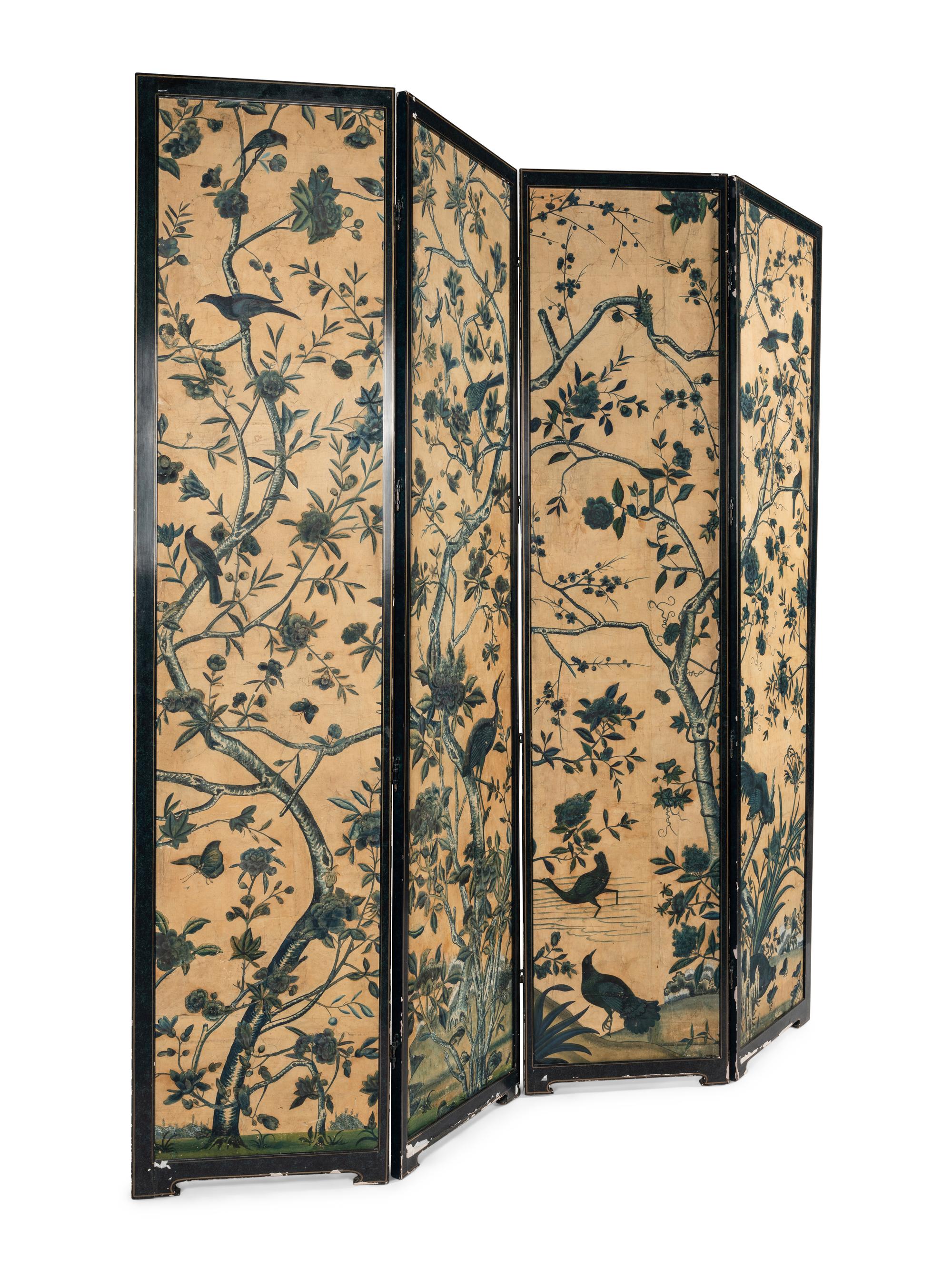 A Chinese Export Blue and White Wallpaper Four-Panel Screen