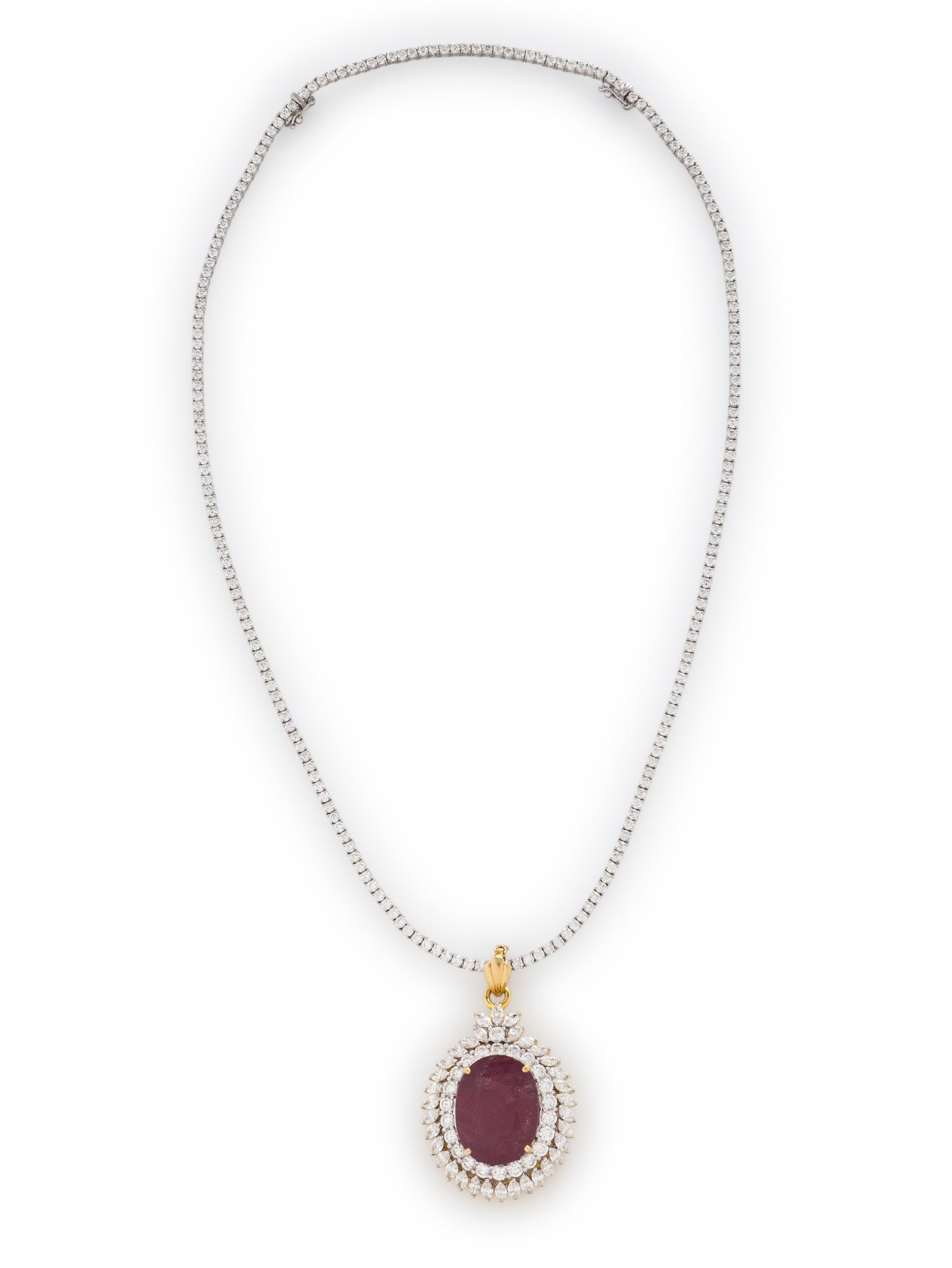 DIAMOND LINE NECKLACE WITH DIAMOND AND GLASS-FILLED RUBY PENDANT BROOCH