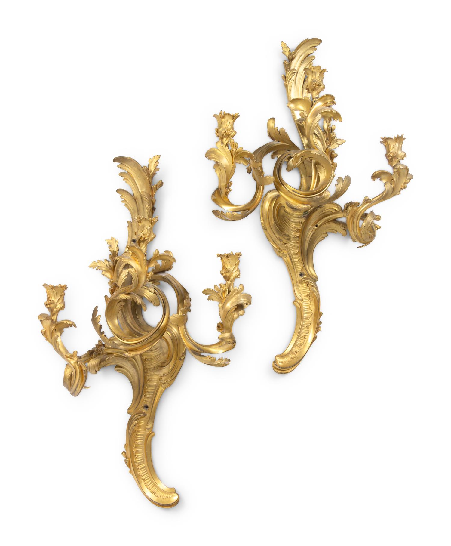 A Pair of Louis XV Gilt Bronze Three-Light Wall Sconces