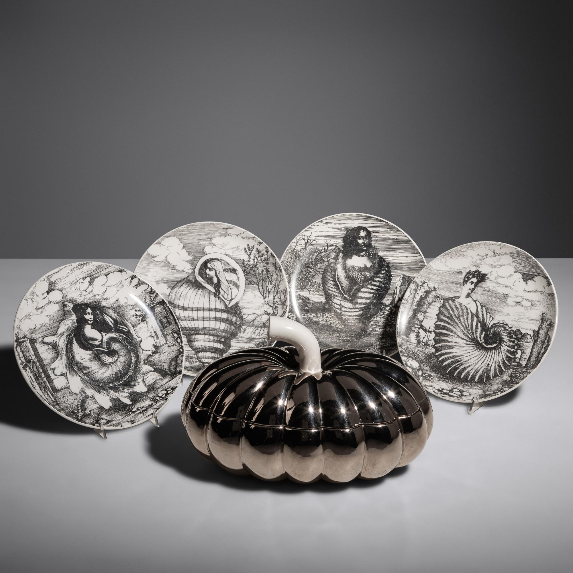 Four Le Oceanidi Plates, c. 1950 along with a Zucca Bowl with Lid, c. 1965 Fornasetti, Italy