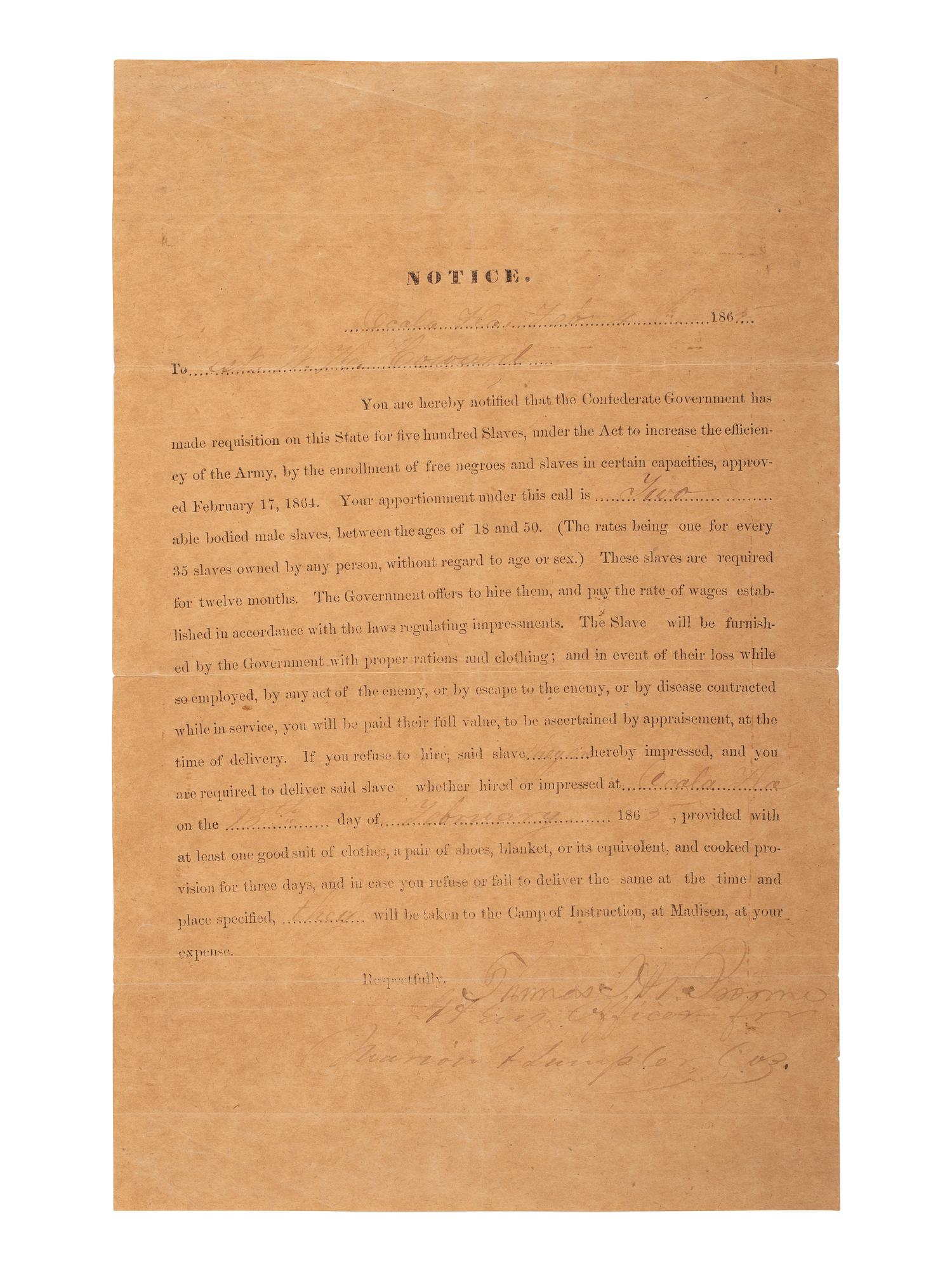 [CIVIL WAR]. War-date document detailing the forced hire of enslaved men to serve in the CSA Army.