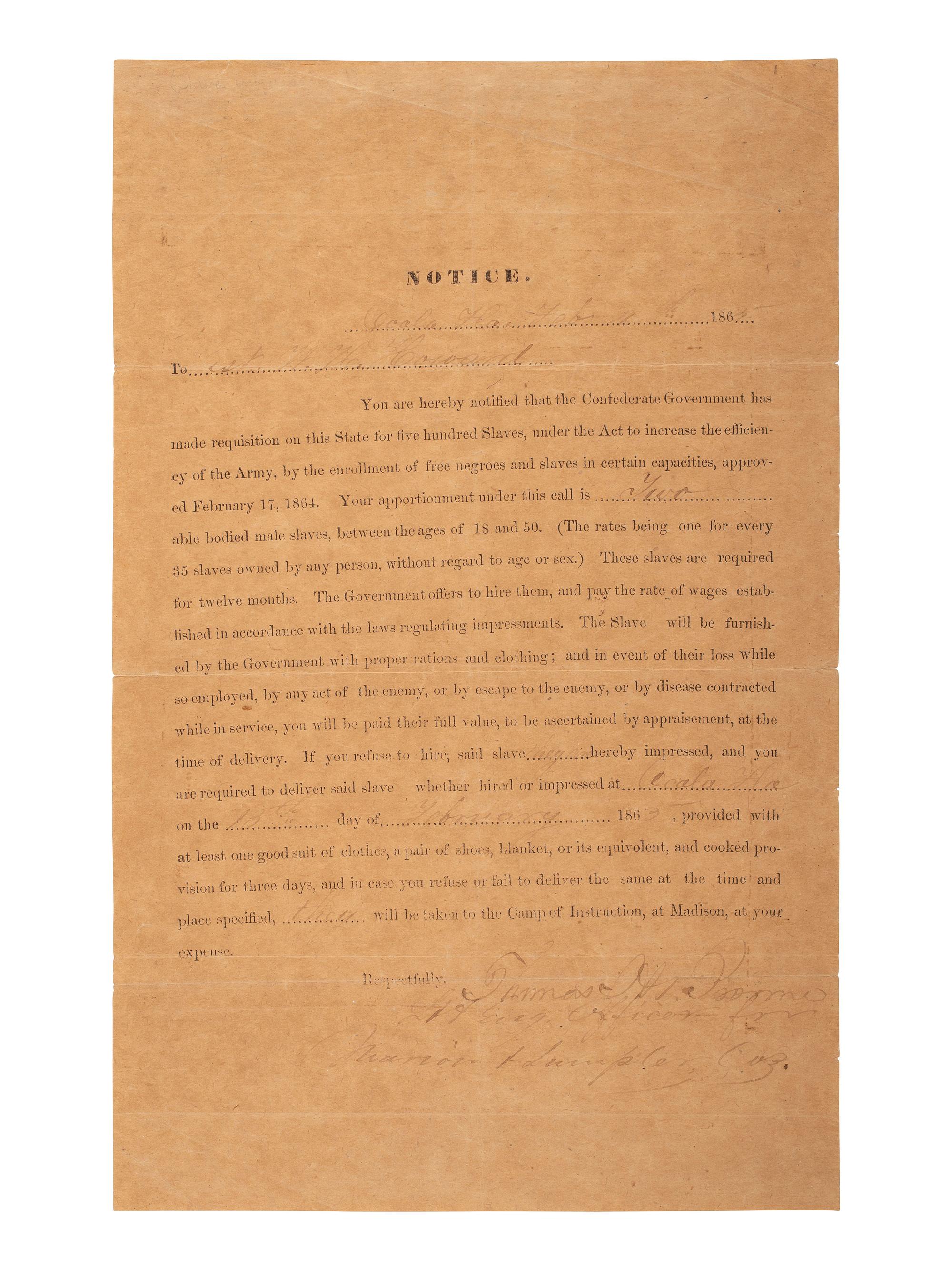 [CIVIL WAR]. War-date document detailing the forced hire of enslaved men to serve in the CSA Army.