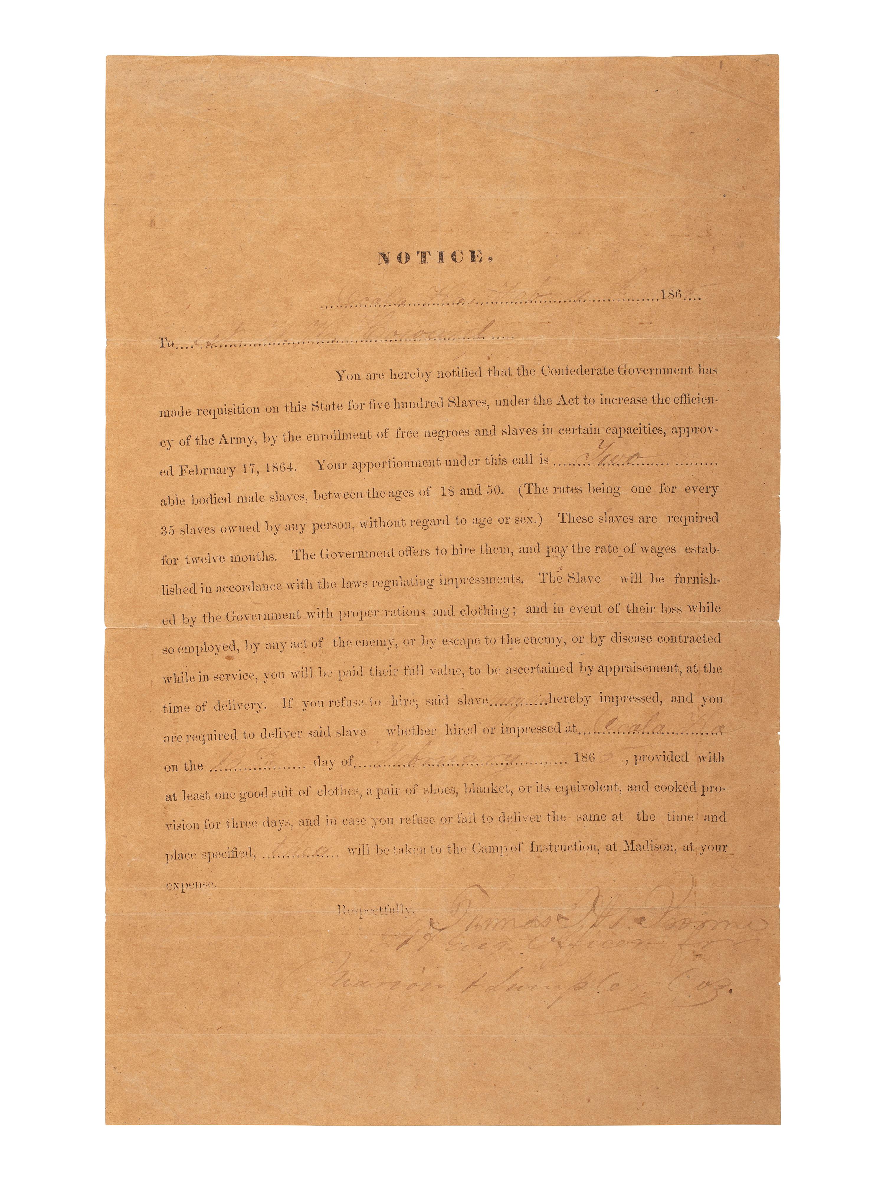 [CIVIL WAR]. War-date document detailing the forced hire of enslaved men to serve in the CSA Army.